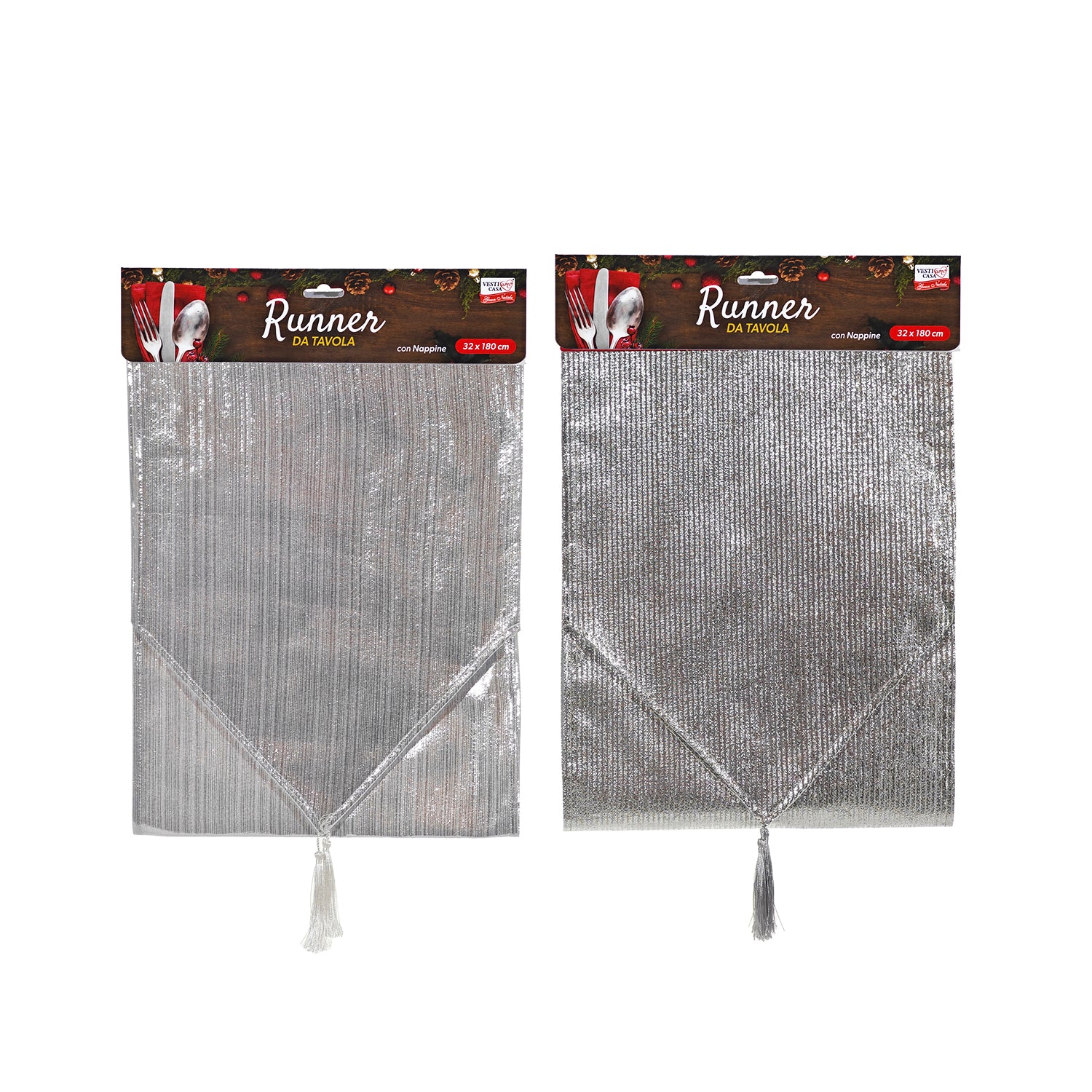 VESTIAMO CASA GRAN NATALE - Runner da Tavola Natalizio Silver con Nappine 32x180 cm
