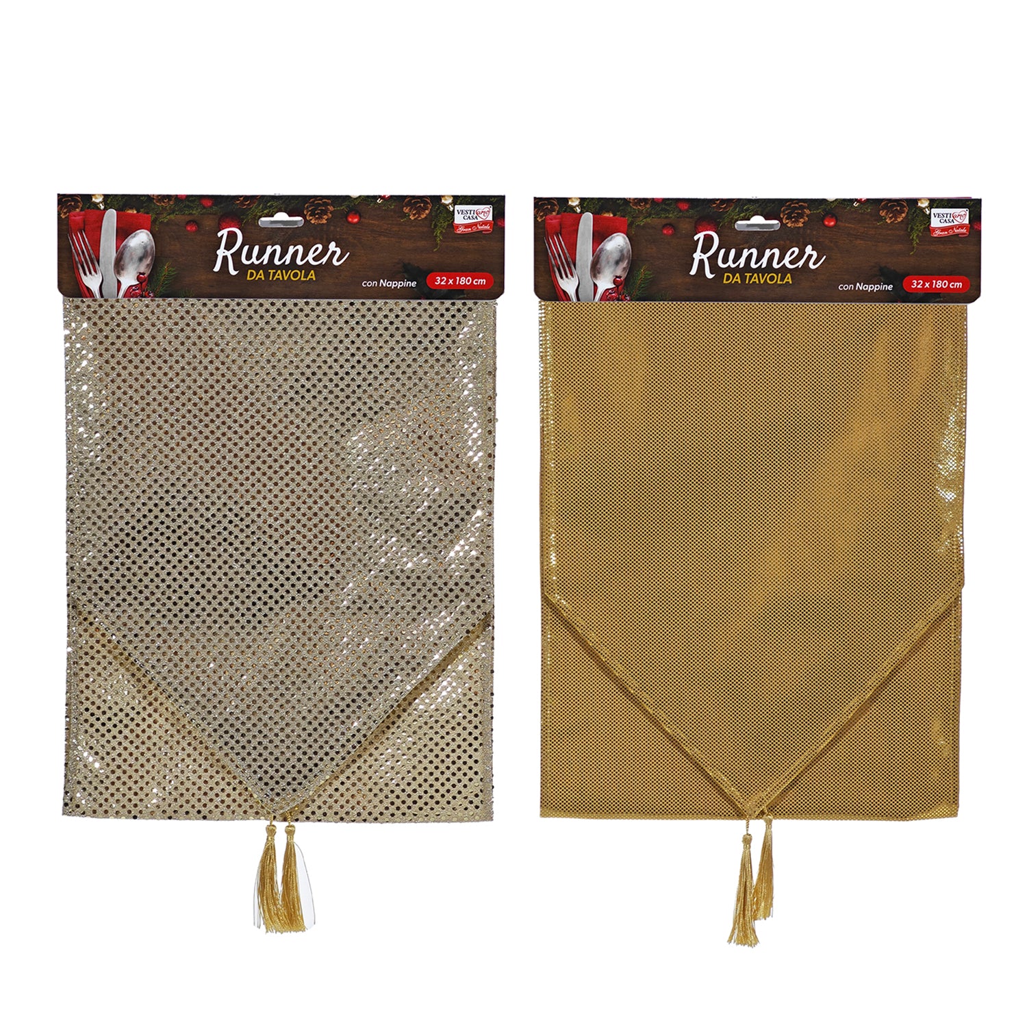 VESTIAMO CASA GRAN NATALE - Runner da Tavola Natalizio Oro con Nappine 32x180 cm