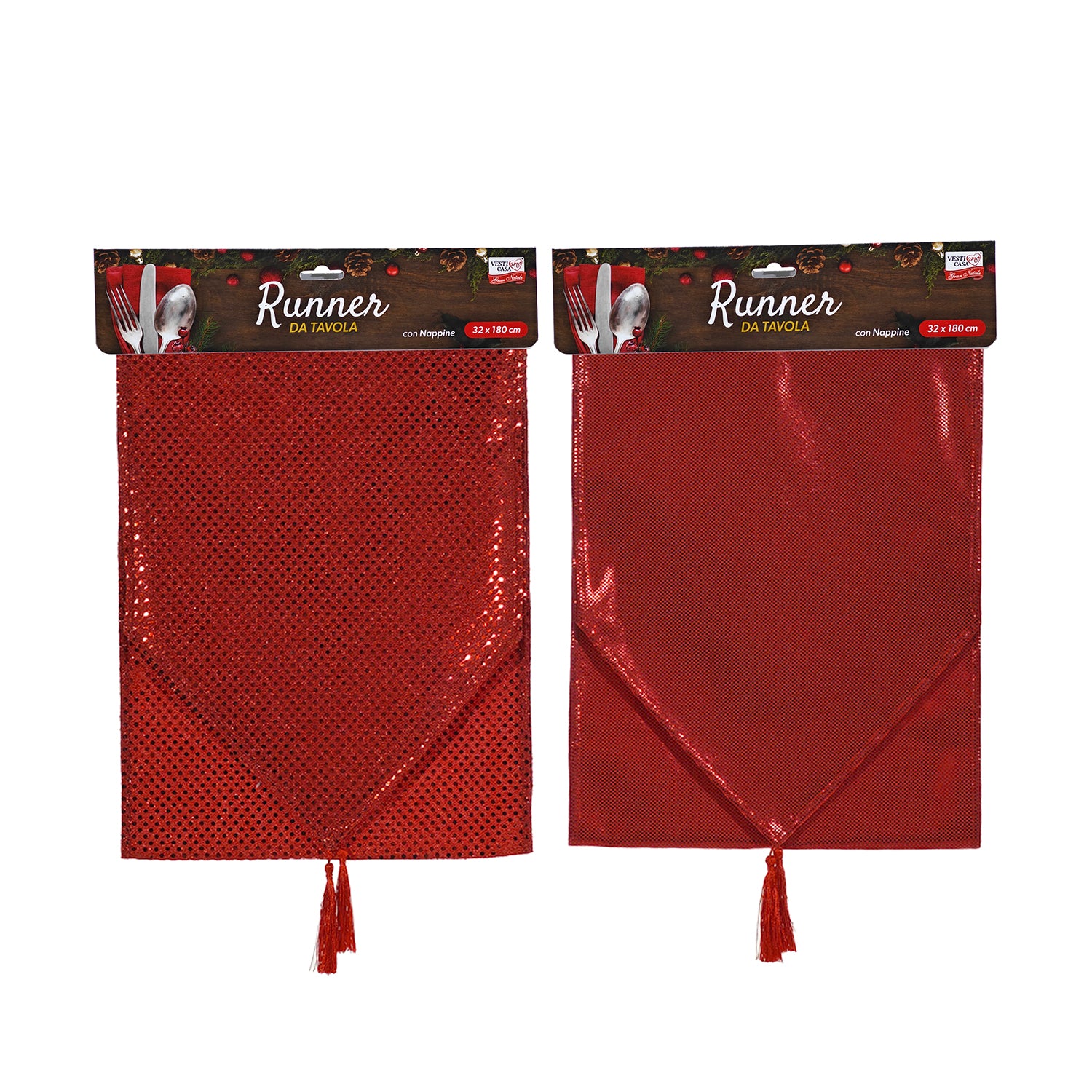 VESTIAMO CASA GRAN NATALE - Runner da Tavola Natalizio Rosso con Nappine 32x180 cm