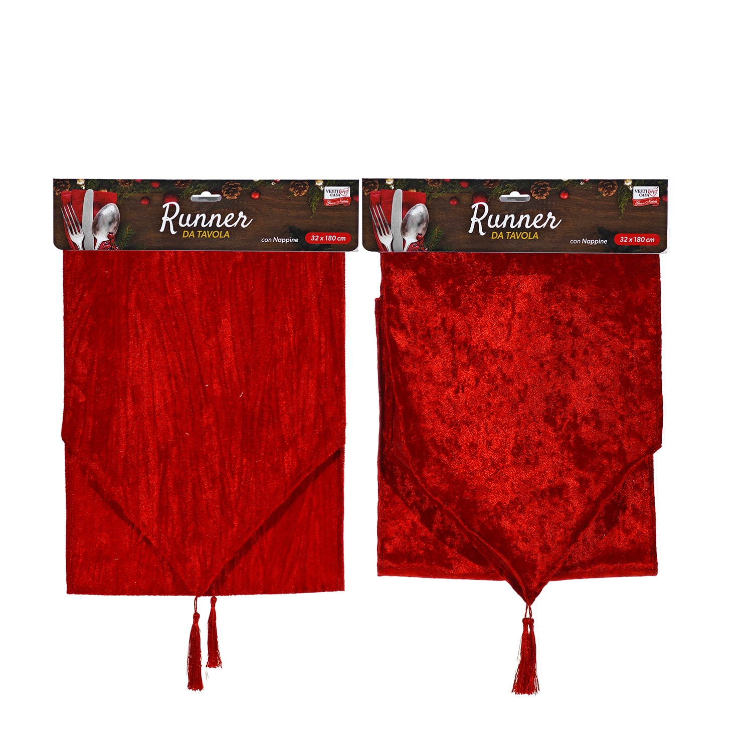 VESTIAMO CASA GRAN NATALE - Runner da Tavola Natalizio Effetto Velluto Rosso con Nappine 32x180 cm