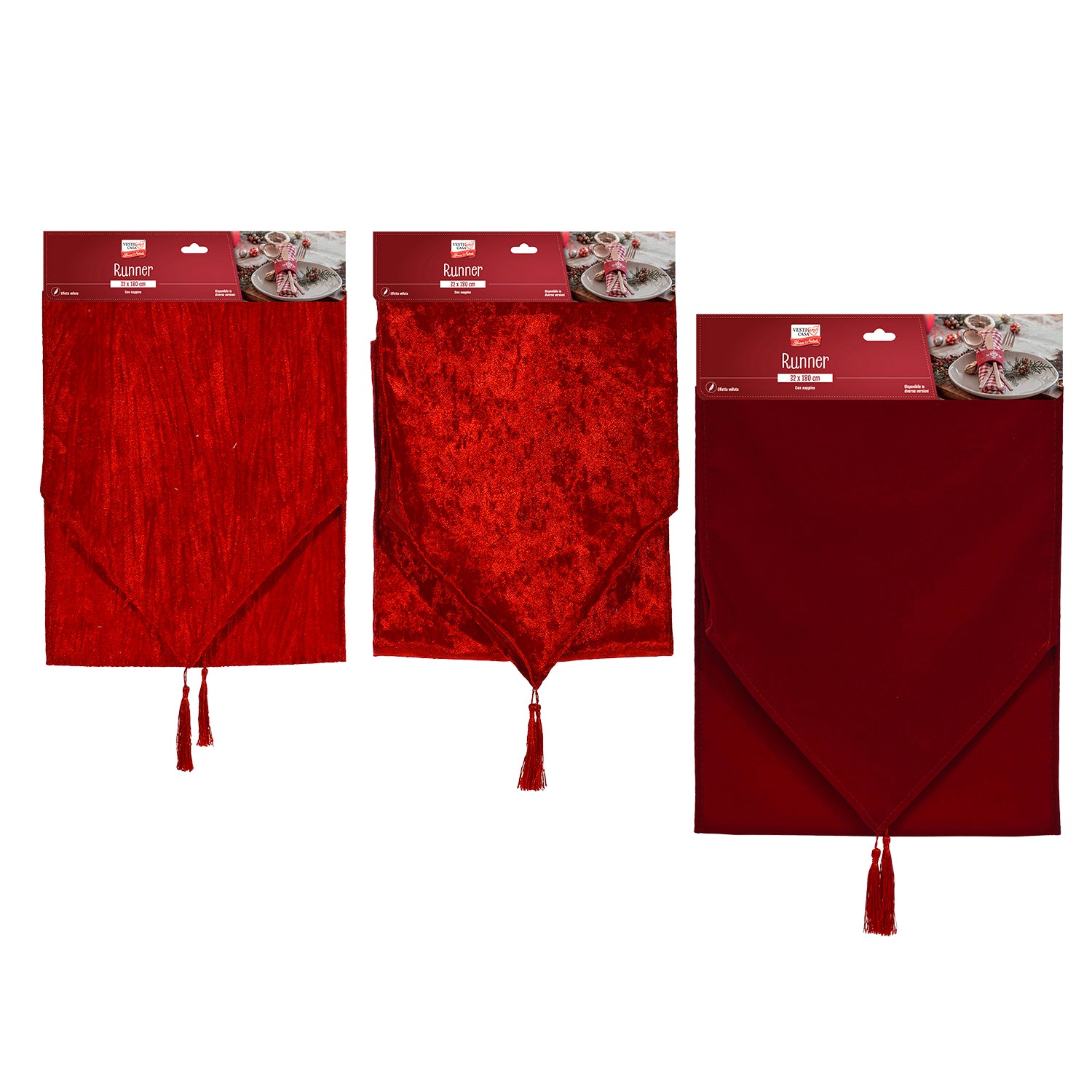 VESTIAMO CASA GRAN NATALE - Runner da Tavola Natalizio Rosso Effetto Velluto con Nappine 32x180 cm