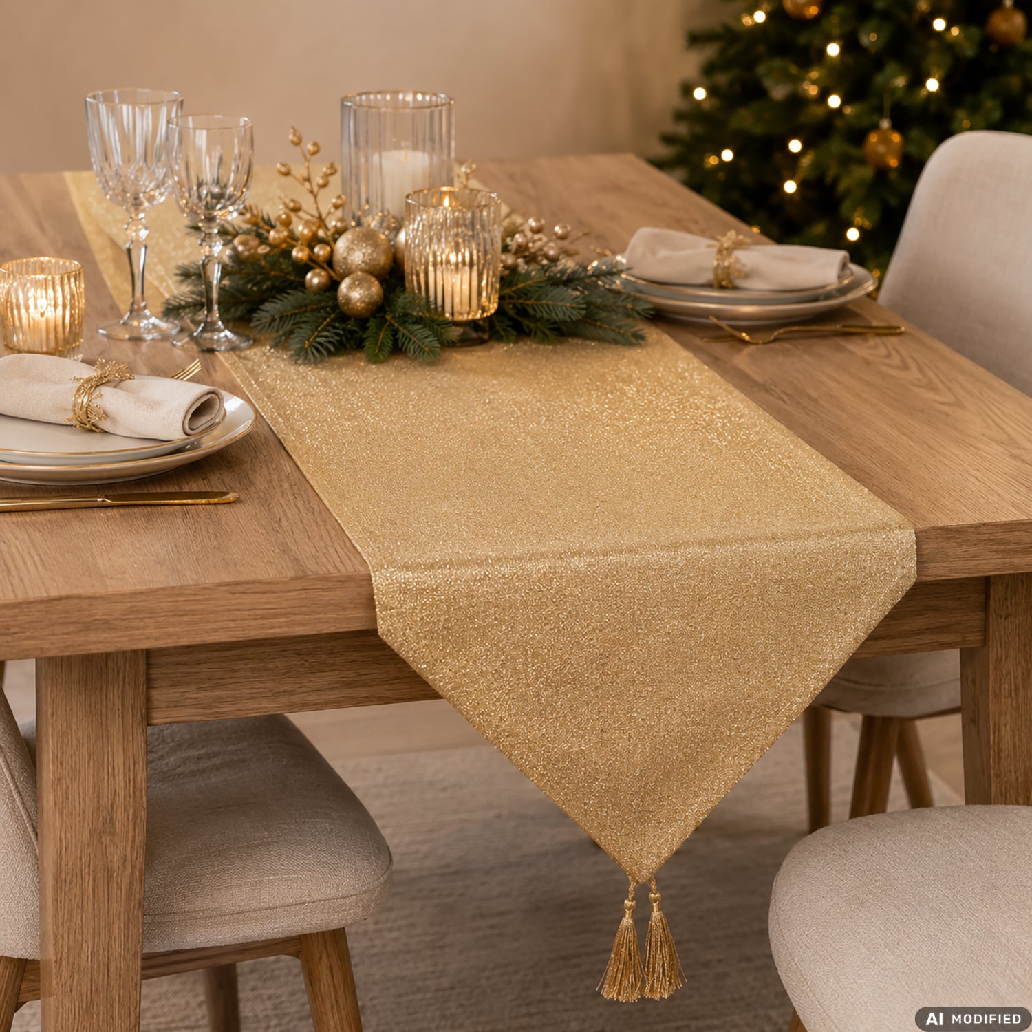 VESTIAMO CASA GRAN NATALE - Runner da Tavola Natalizio Oro Effetto Lurex con Nappine 32x180 cm