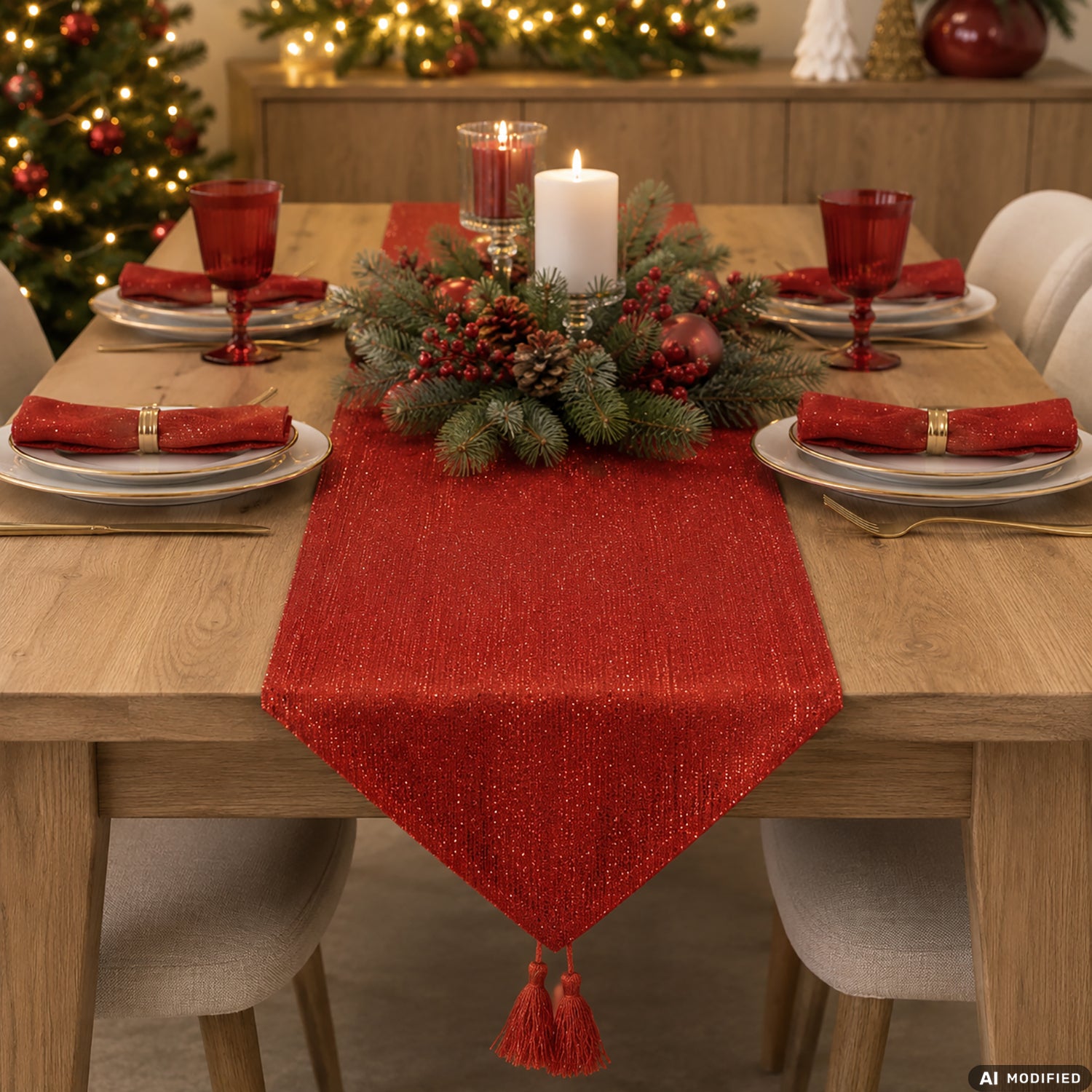 VESTIAMO CASA GRAN NATALE - Runner da Tavola Natalizio Rosso Effetto Lurex con Nappine 32x180 cm