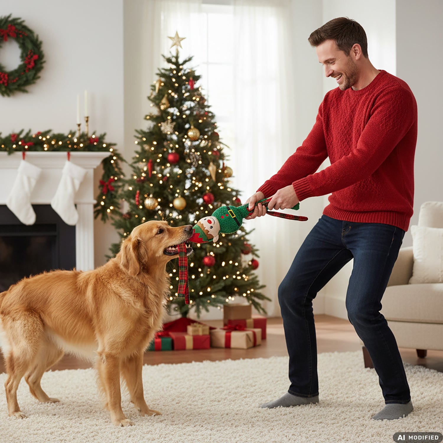 VESTIAMO CASA GRAN NATALE - Gioco Natalizio per Cani in Peluche con Frange h38 cm