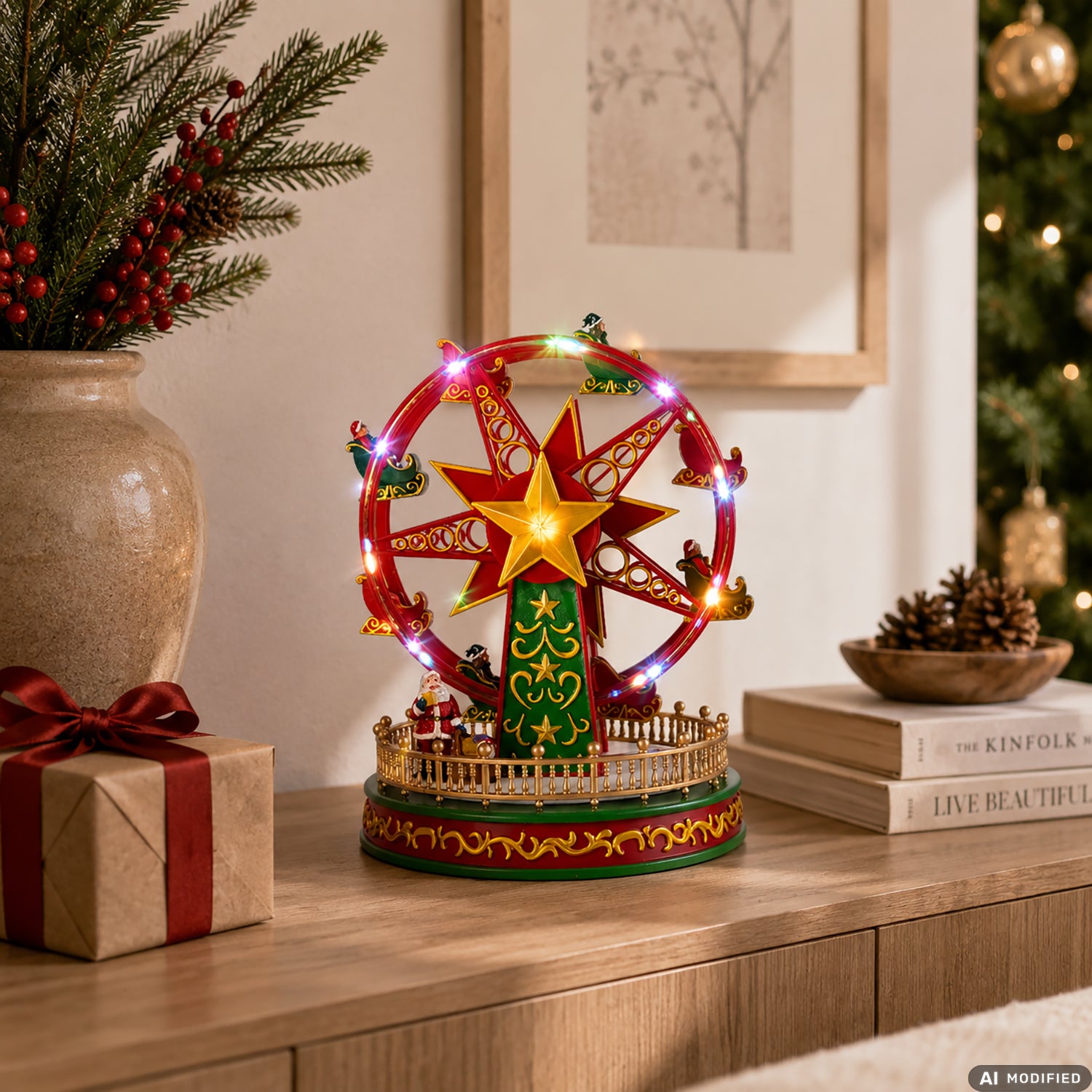 VESTIAMO CASA GRAN NATALE - Ruota Panoramica Natalizia di Santa Claus con Movimento, Musica e LED Multicolor h23,5 cm