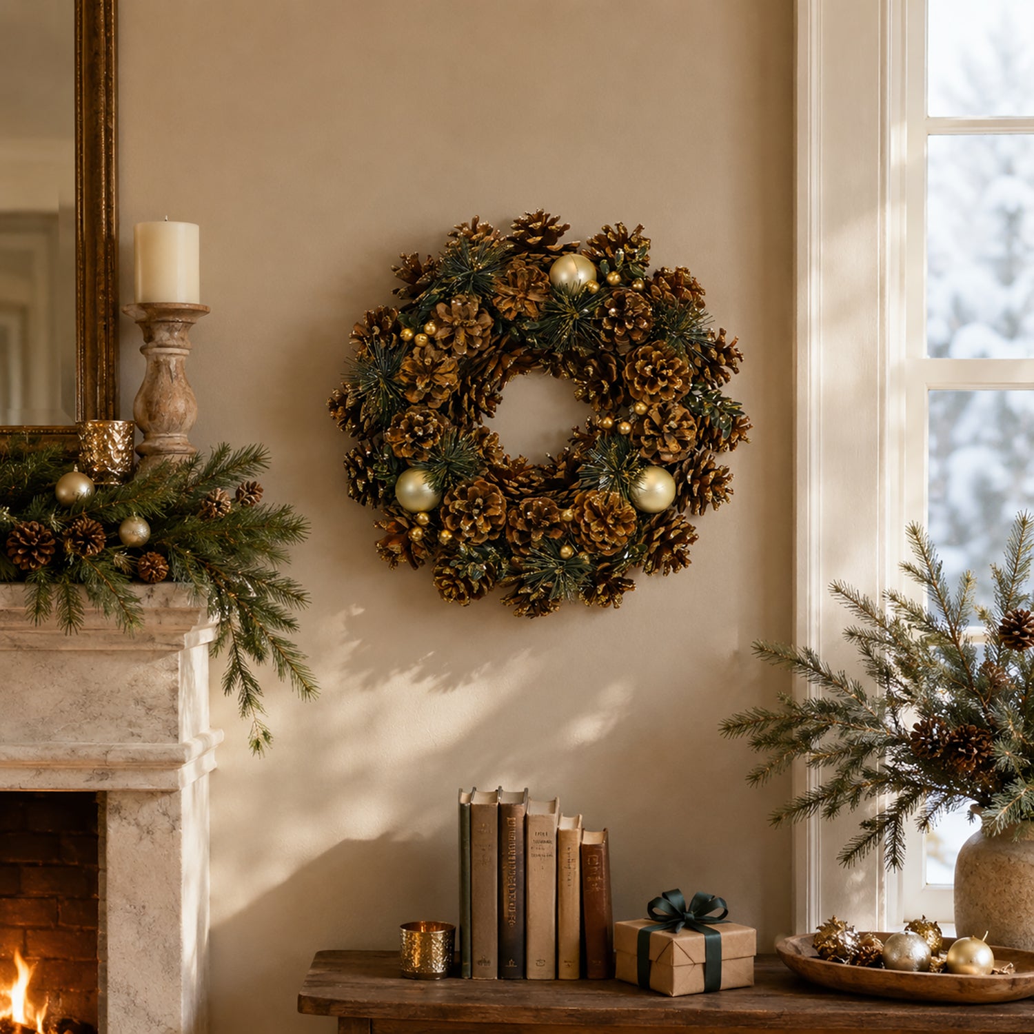 VESTIAMO CASA GRAN NATALE - Ghirlanda Natalizia Decorativa con Pigne e Bacche diametro 34 cm