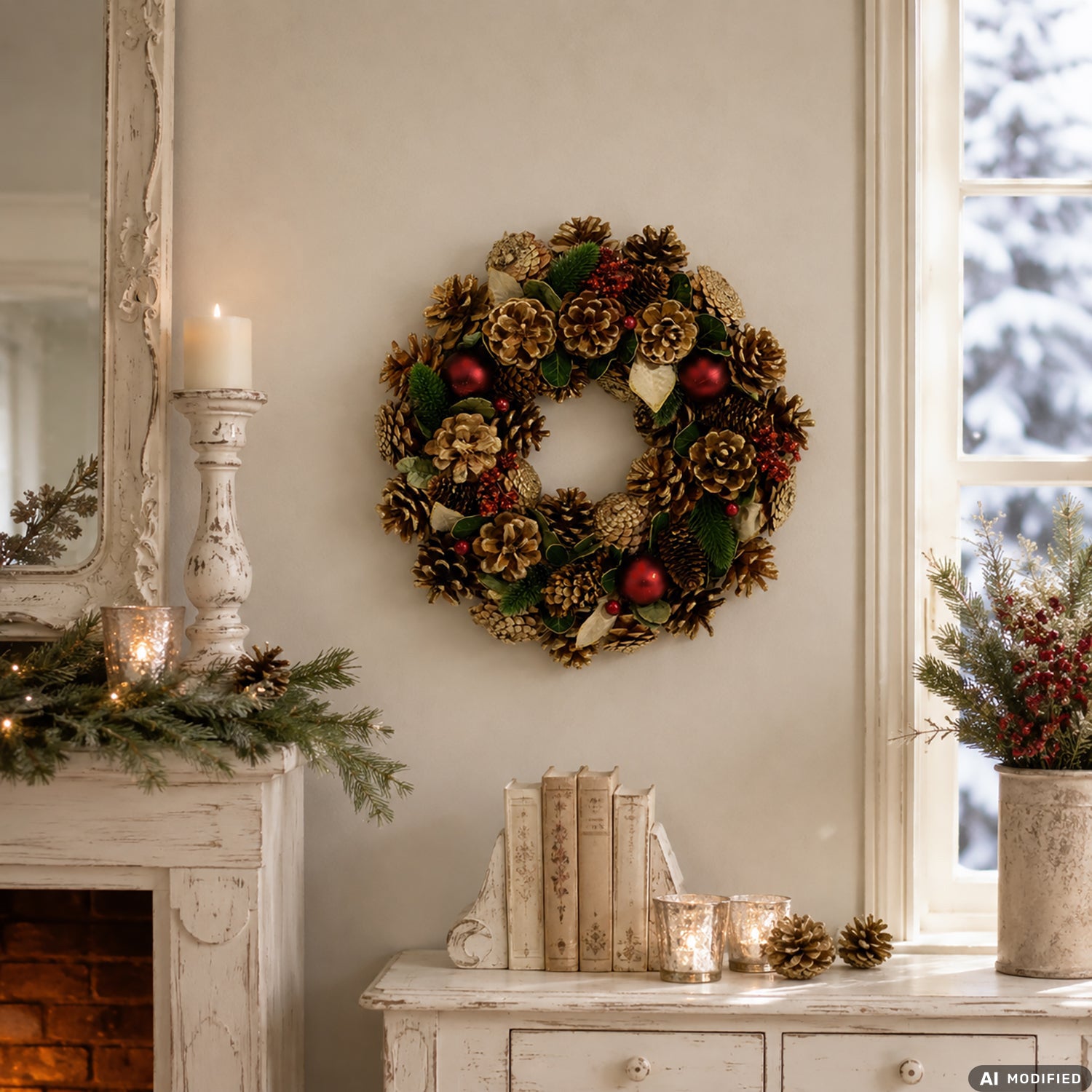 VESTIAMO CASA GRAN NATALE - Ghirlanda Natalizia Decorativa con Pigne e bacche rosse diametro 34 cm