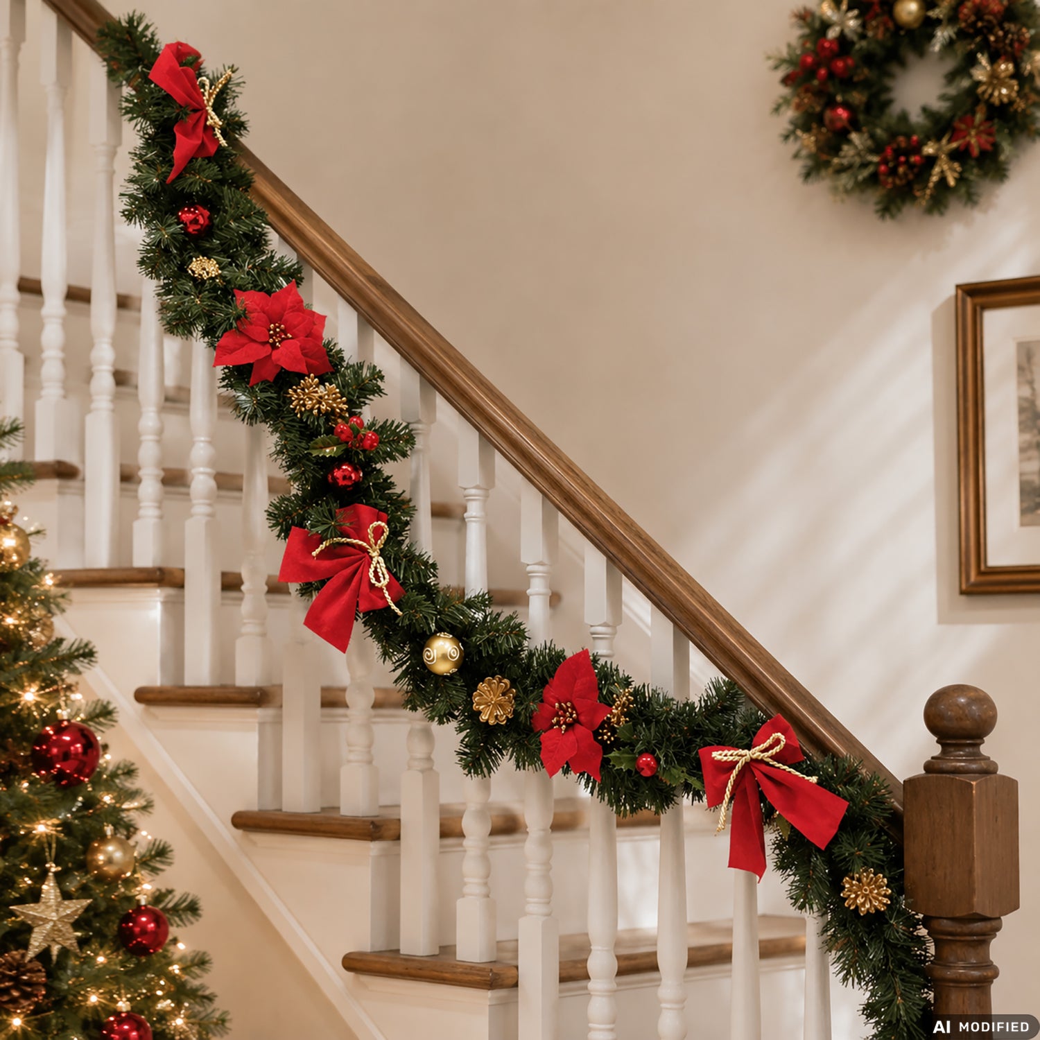 VESTIAMO CASA GRAN NATALE - Ghirlanda Natalizia Decorata Fiocchi, Stelle di Natale, Bacche e Pigne Artificiali Lunghezza 210 cm