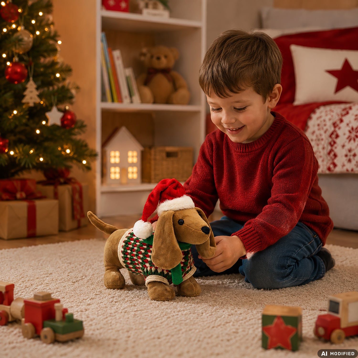 VESTIAMO CASA GRAN NATALE - Cane Natalizio Decorativo in Peluche con Maglioncino e Cappello di Babbo Natale h26 cm