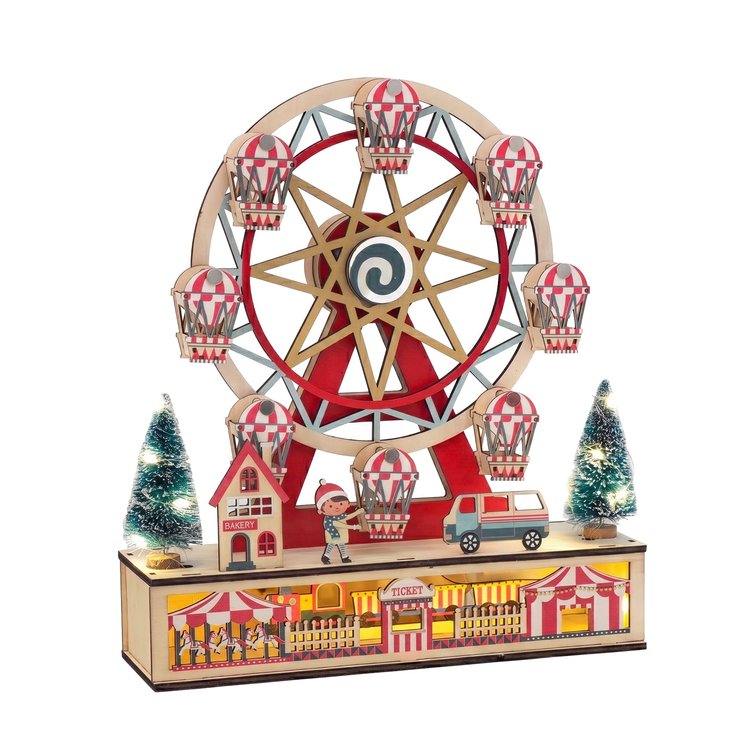 VESTIAMO CASA GRAN NATALE - Decorazione Natalizia Ruota Panoramica in Legno con Movimento e Luci LED - h34x30x8 cm
