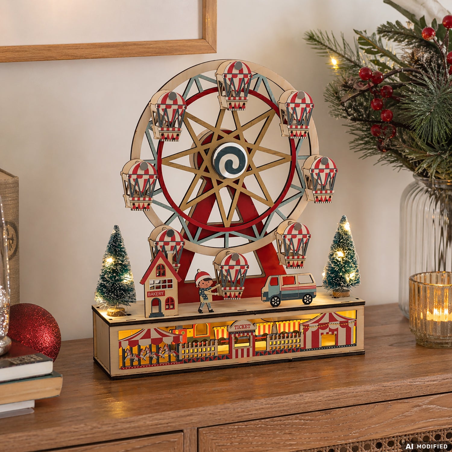 VESTIAMO CASA GRAN NATALE - Decorazione Natalizia Ruota Panoramica in Legno con Movimento e Luci LED - h34x30x8 cm