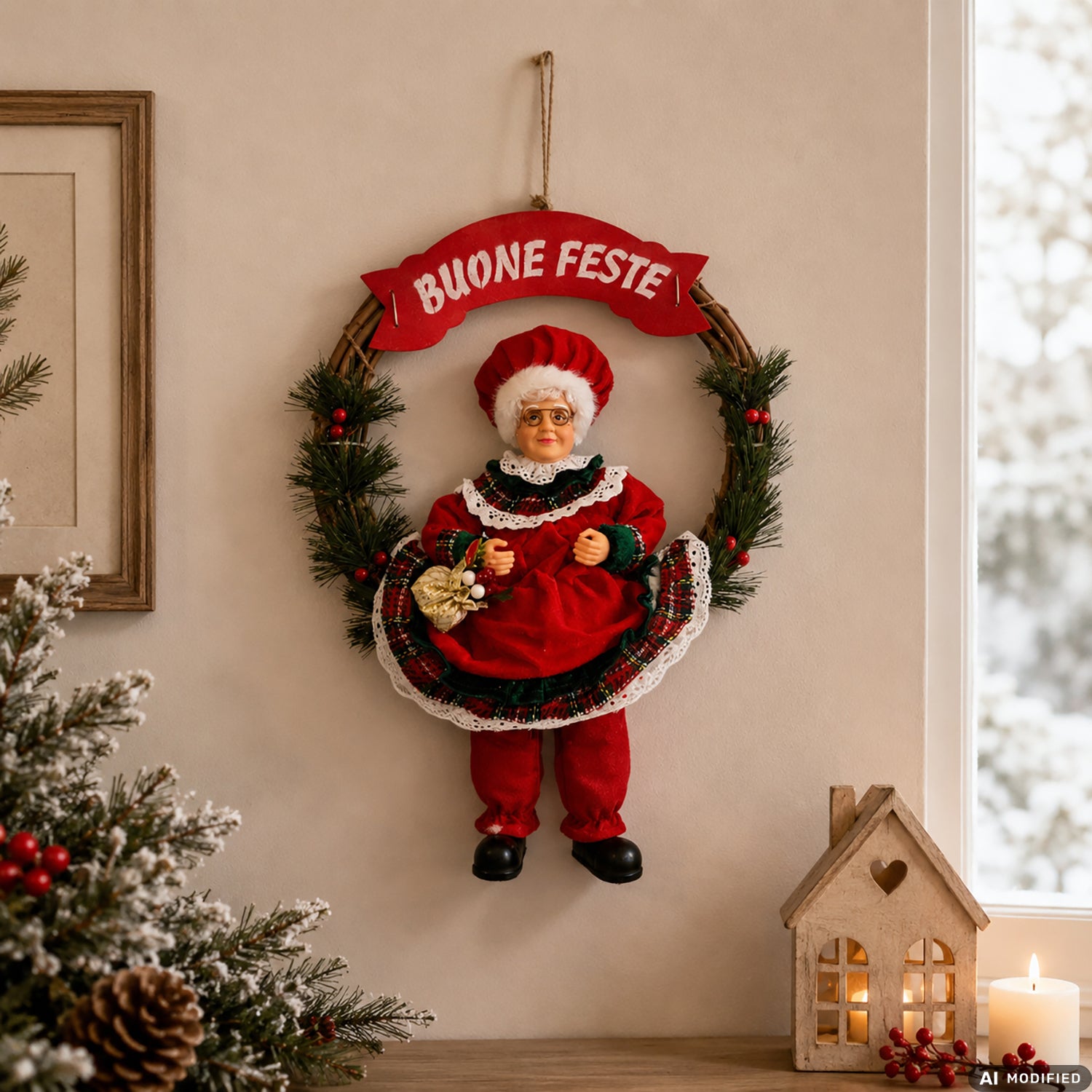 VESTIAMO CASA GRAN NATALE - Ghirlanda Natalizia Decorativa con Mamma Natale e Scritta Buone Feste diametro 33 cm