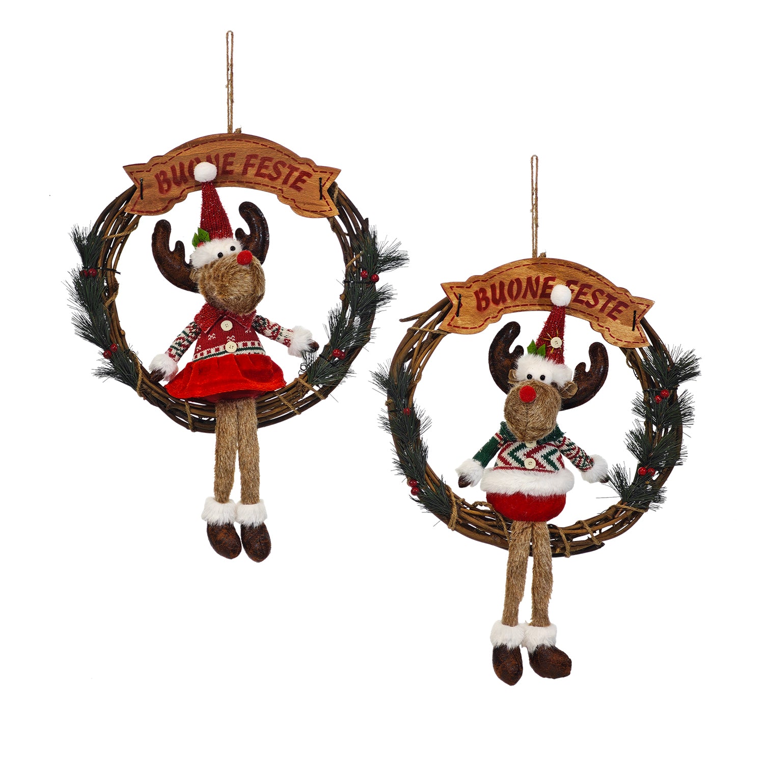 VESTIAMO CASA GRAN NATALE - Ghirlanda Natalizia Decorativa con Renna Decorativa e Scritta Buone Feste diametro 35 cm