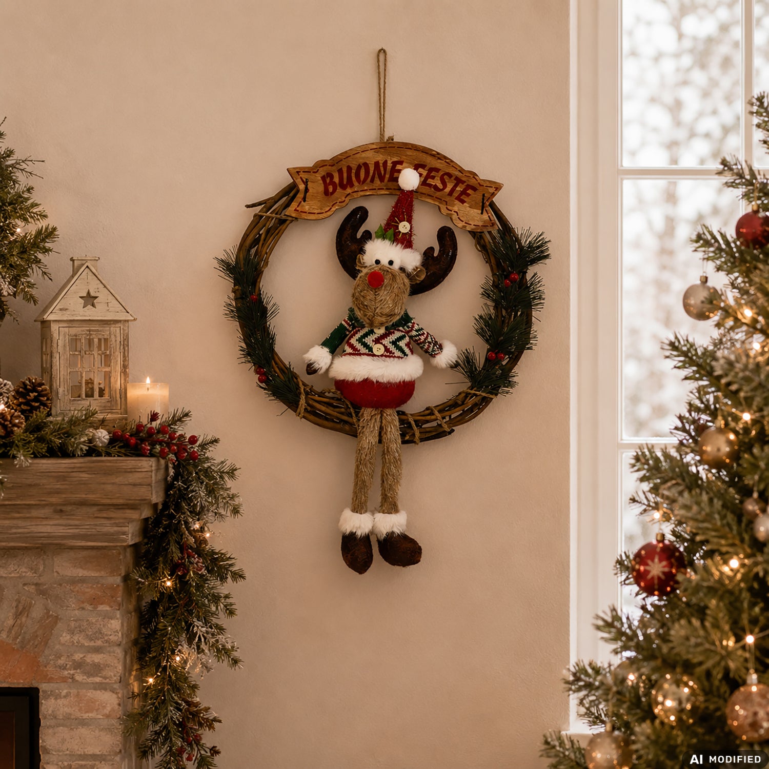 VESTIAMO CASA GRAN NATALE - Ghirlanda Natalizia Decorativa con Renna Decorativa e Scritta Buone Feste diametro 35 cm