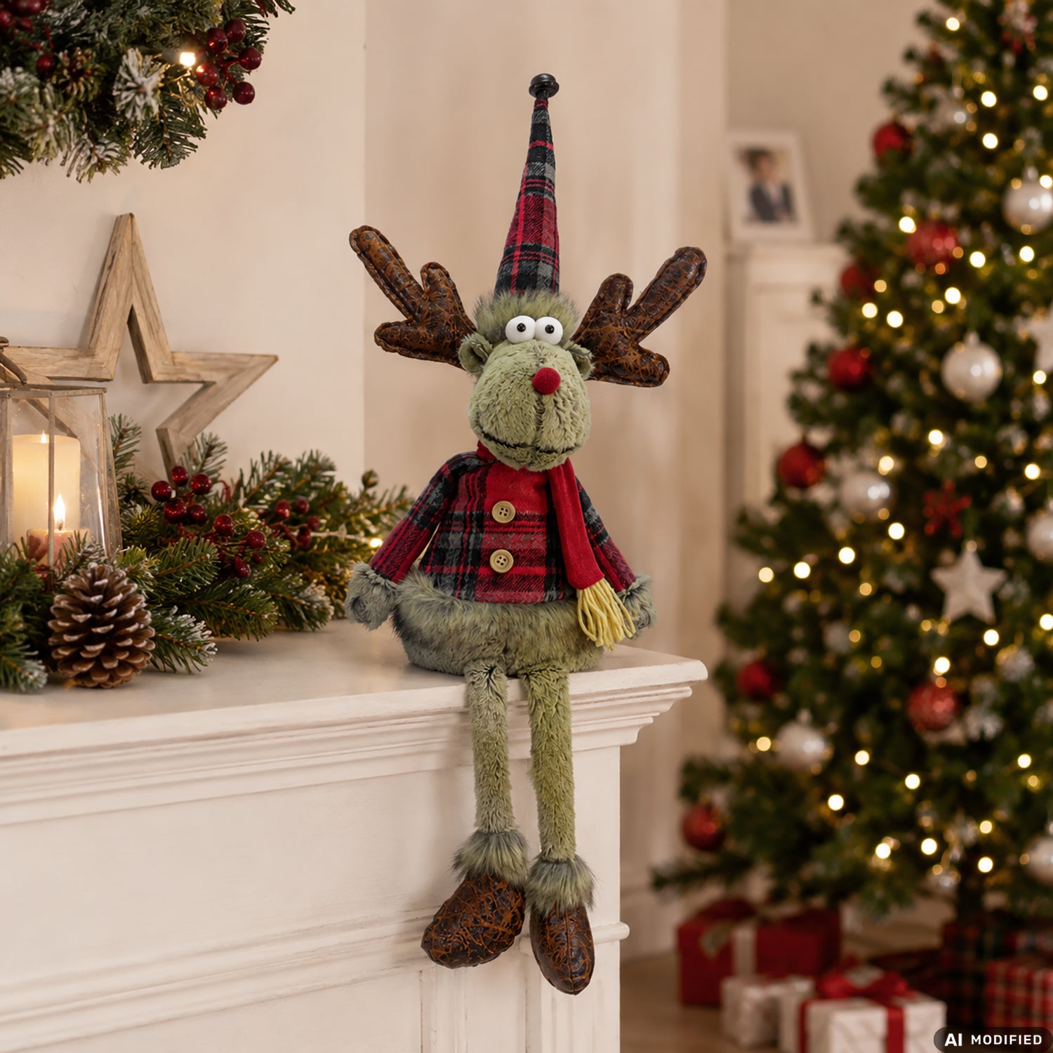 VESTIAMO CASA GRAN NATALE - Renna Natalizia Decorativa Seduta con Gambe Penzolanti h70 cm