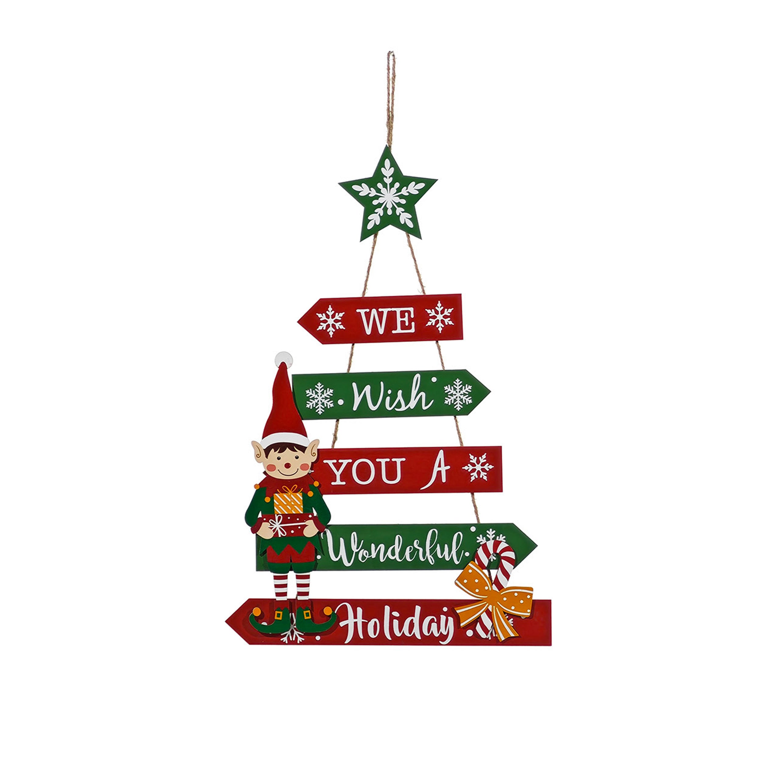 VESTIAMO CASA GRAN NATALE - Appendino Natalizio da Parete in Legno con Elfo e Frecce Decorative h60x33 cm