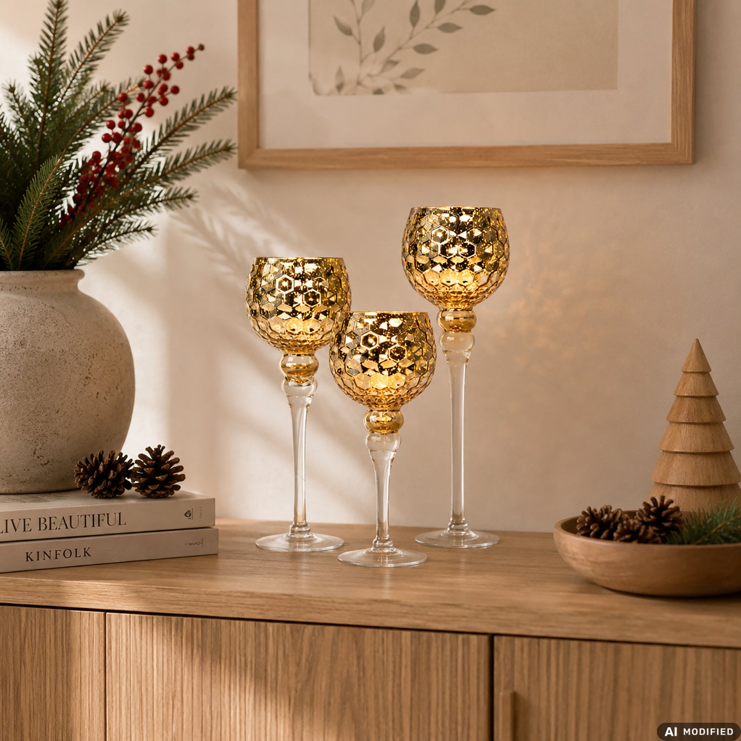 VESTIAMO CASA GRAN NATALE - Set 3 Calici Portacandele in Vetro Oro