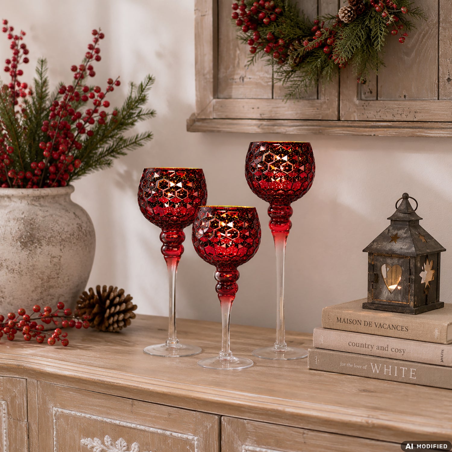 VESTIAMO CASA GRAN NATALE - Set 3 Calici Portacandele in Vetro Rosso