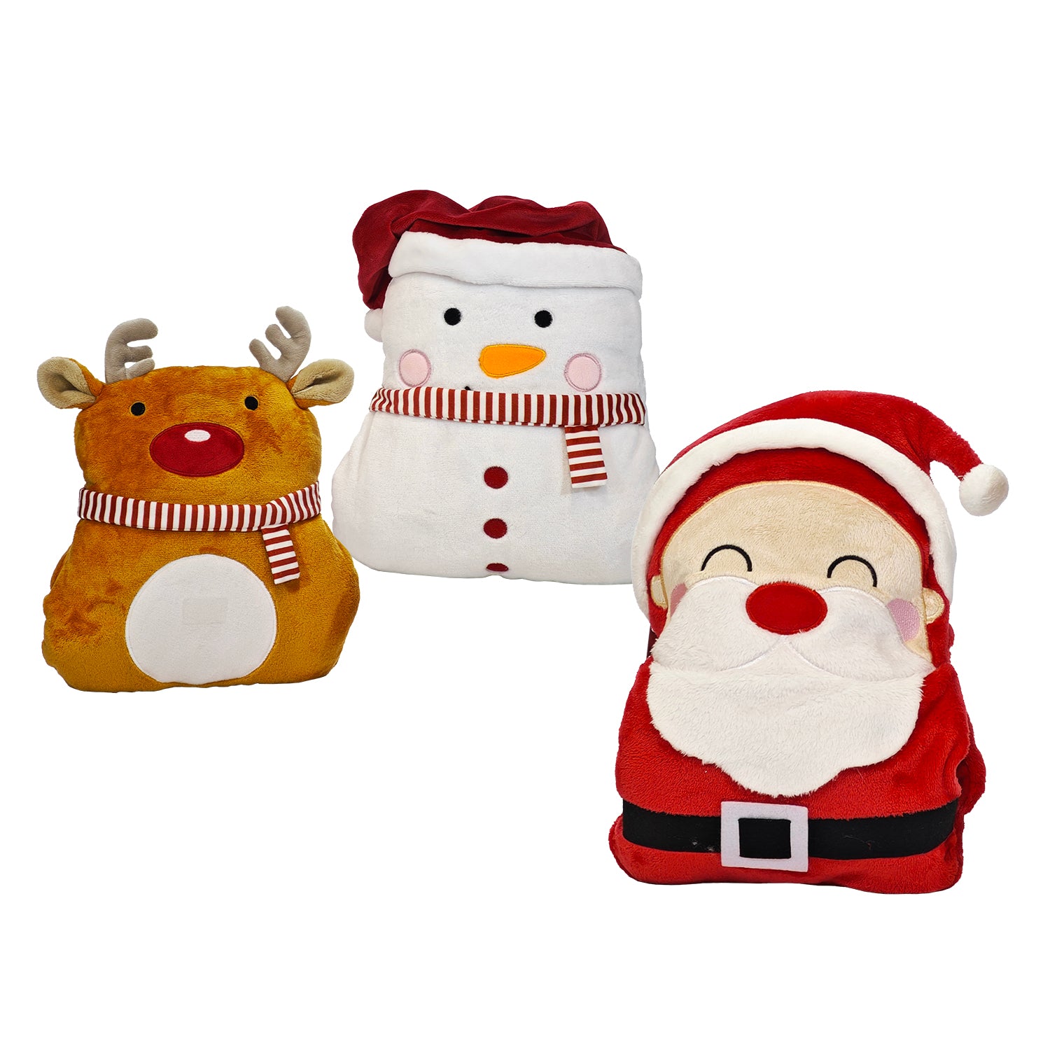 VESTIAMO CASA GRAN NATALE - Cuscino Natalizio 3 in 1 con Plaid e Scaldamani - Babbo Natale, Renna e Pupazzo di Neve