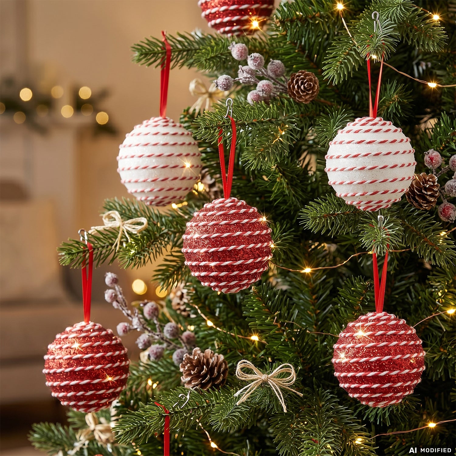 VESTIAMO CASA GRAN NATALE - Set 4 Palline di Natale con Glitter Bianco e Rosso diametro 10 cm