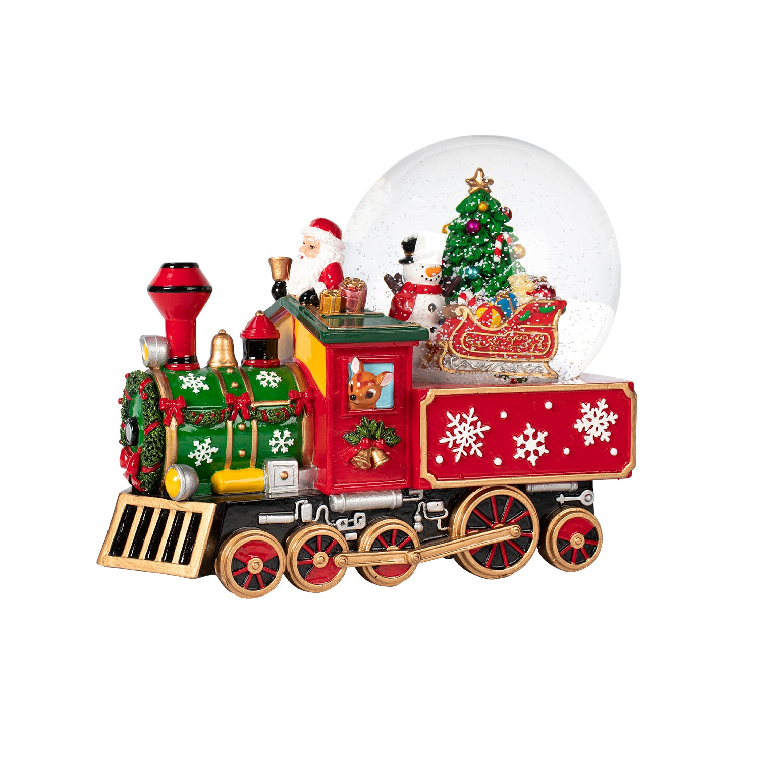 VESTIAMO CASA GRAN NATALE - Carillon Trenino di Babbo Natale con Sfera di Neve, Musicale a Carica Meccanica h17,5 cm