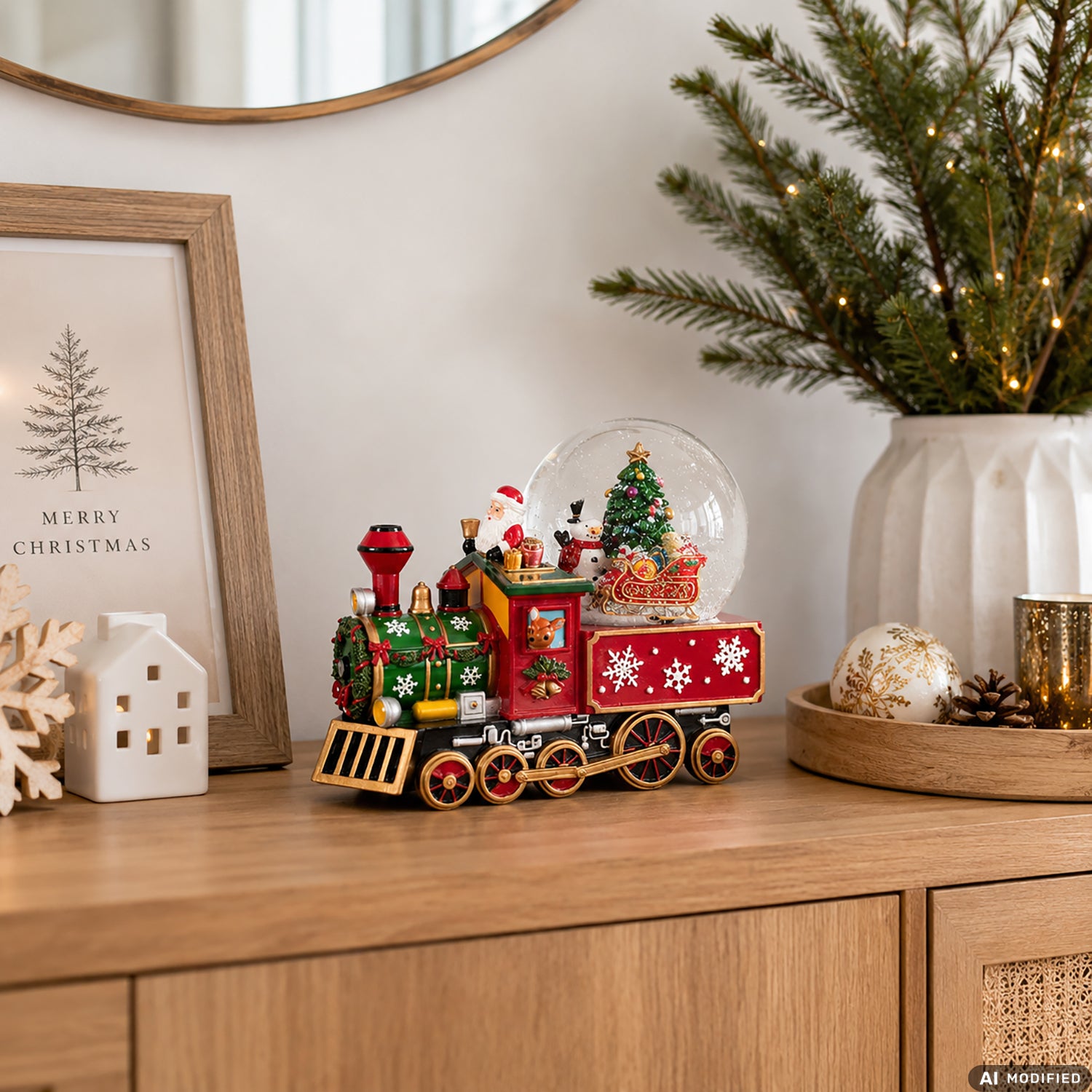 VESTIAMO CASA GRAN NATALE - Carillon Trenino di Babbo Natale con Sfera di Neve, Musicale a Carica Meccanica h17,5 cm