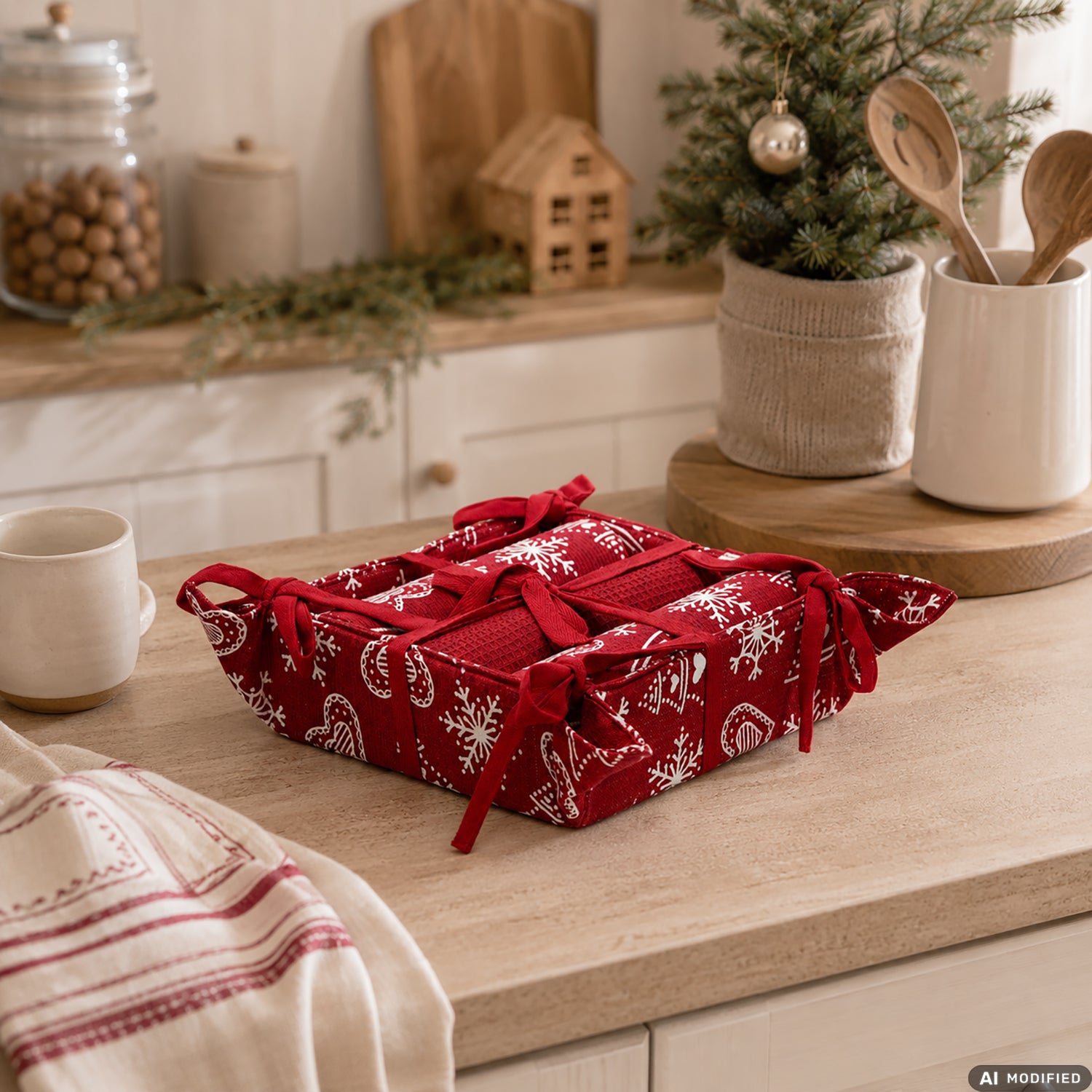 VESTIAMO CASA GRAN NATALE - Set 3 Strofinacci con Cestino Natalizio