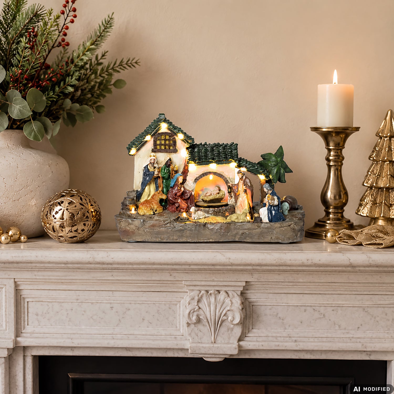 VESTIAMO CASA GRAN NATALE - Presepe Natalizio con Movimento, Musica e Luci LED Bianco Caldo h18 cm