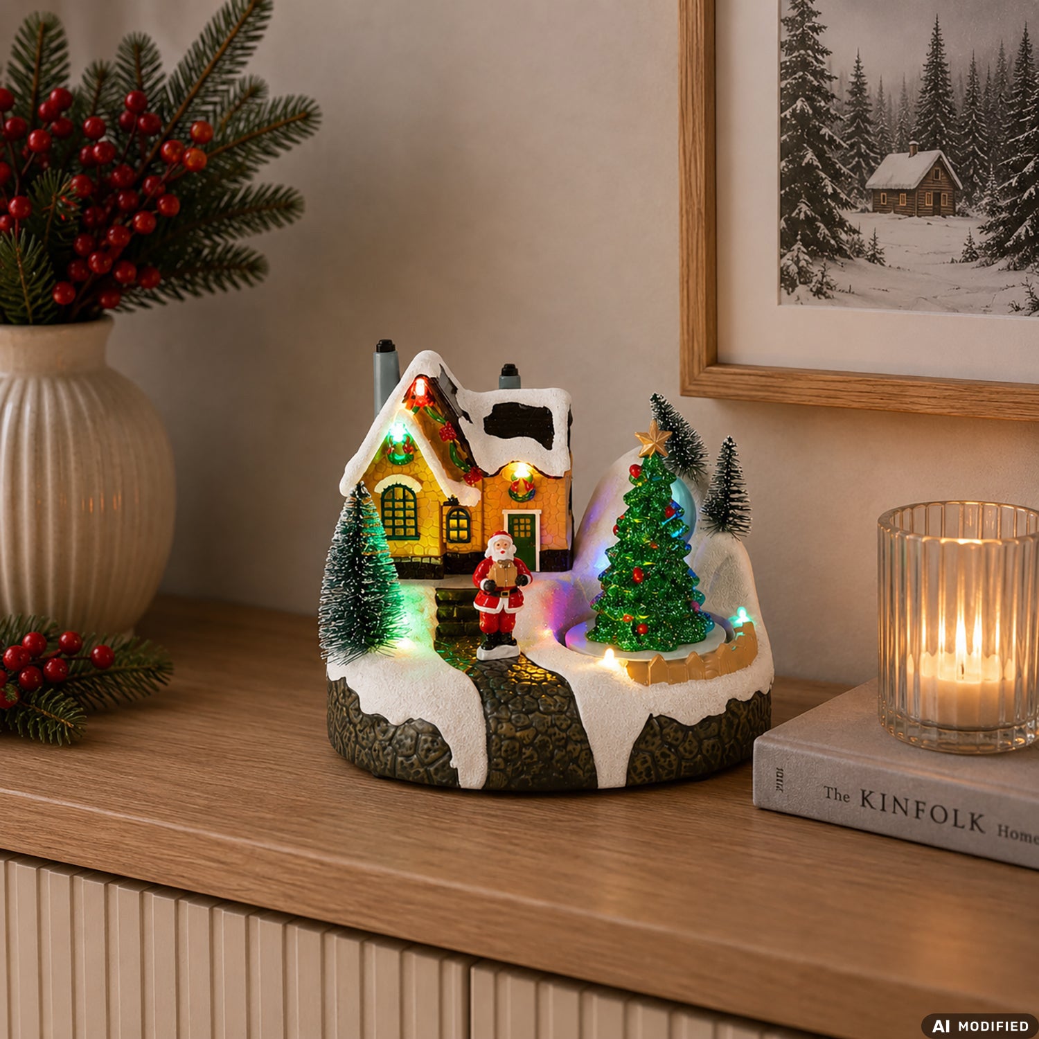 VESTIAMO CASA GRAN NATALE - Casetta Natalizia Innevata con Movimento, Musica e Luci LED Multicolor a Batterie h14,5 cm