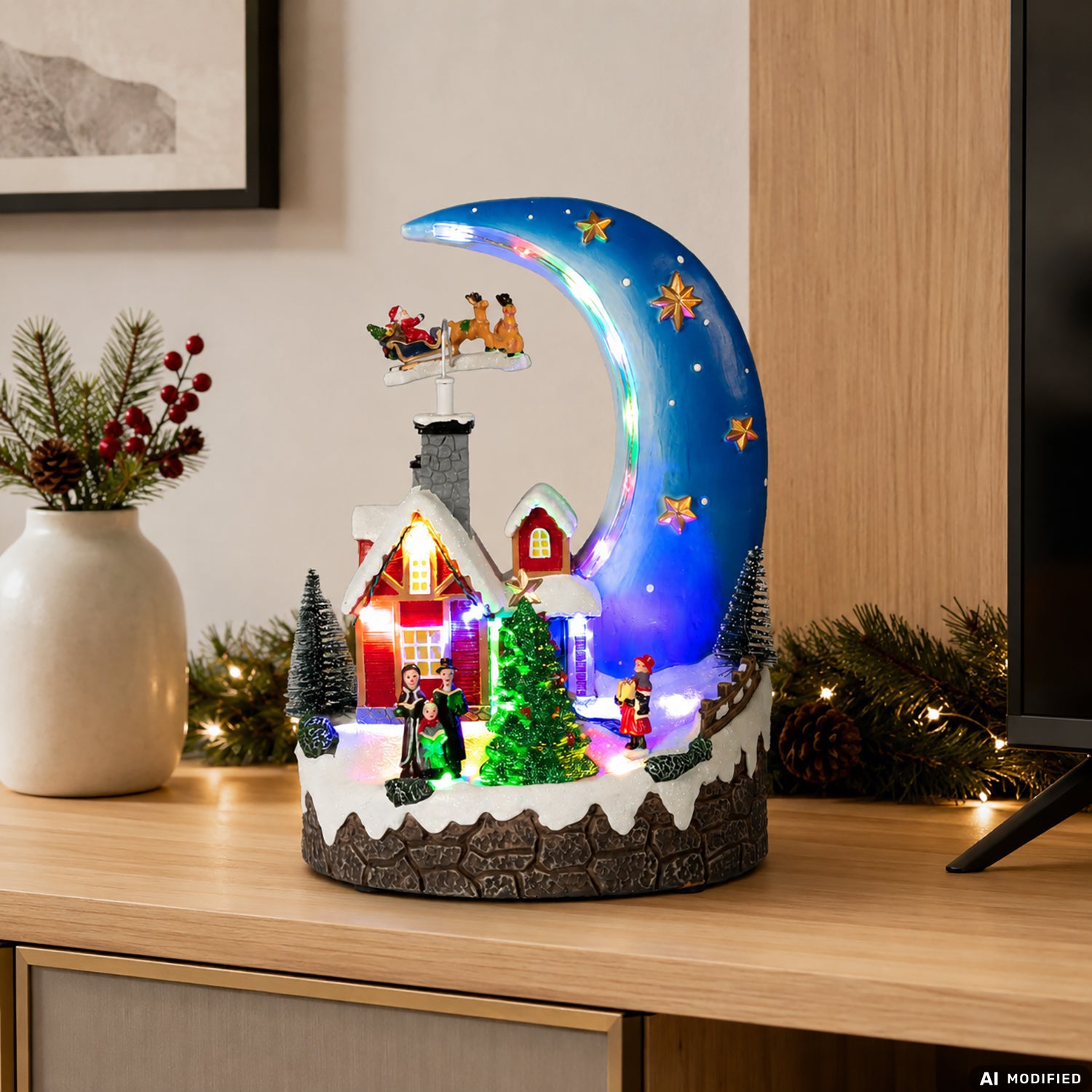 VESTIAMO CASA GRAN NATALE - Luna Natalizia con Movimento, Musica e Luci LED Multicolor a Batterie h28 cm