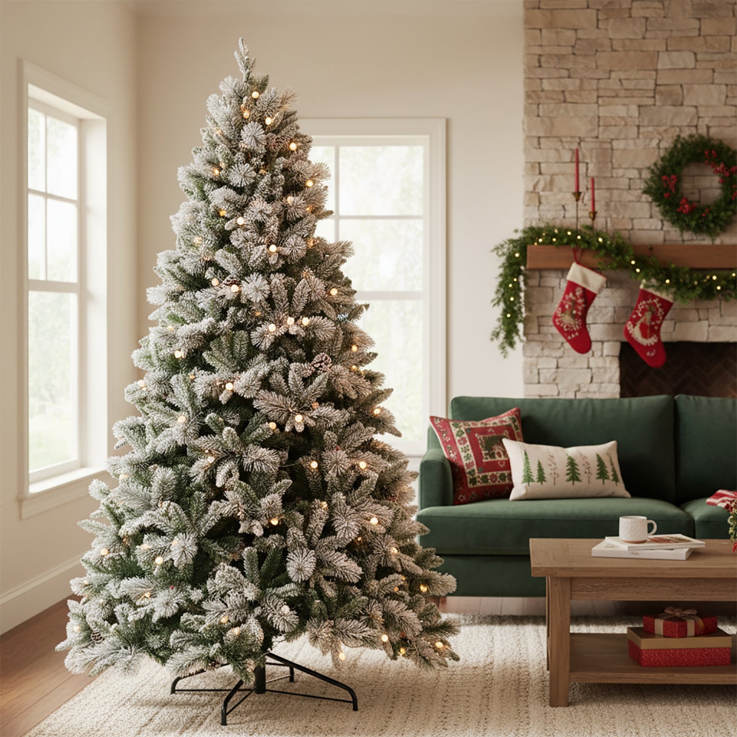 DICTROLUX - Albero di Natale Luminoso Frost Innevato 300 LED Bianco Caldo - h210 cm diametro alla base 130 cm