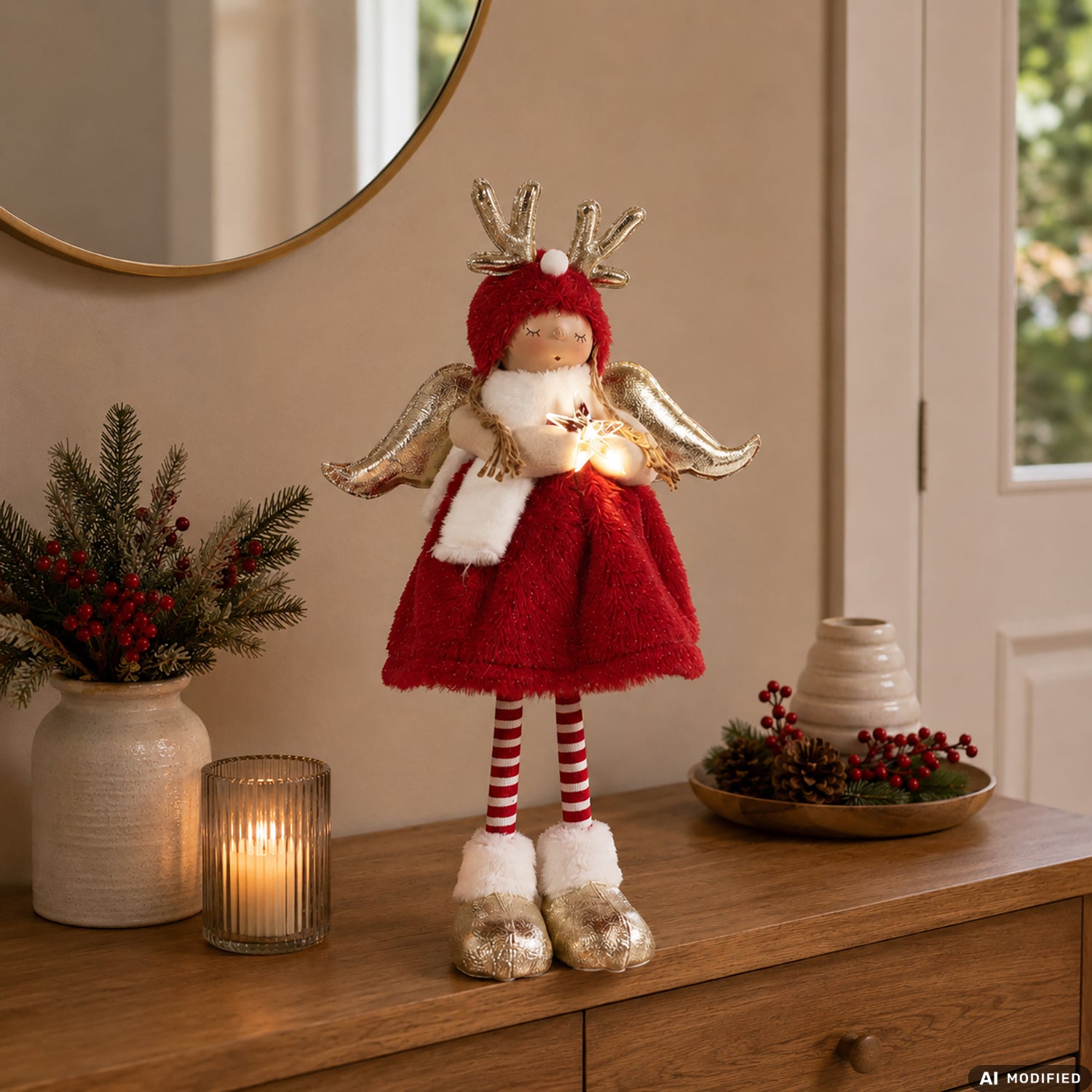 VESTIAMO CASA GRAN NATALE - Angelo Natalizio Luminoso Rosso LED Luce Bianco Caldo h56 cm