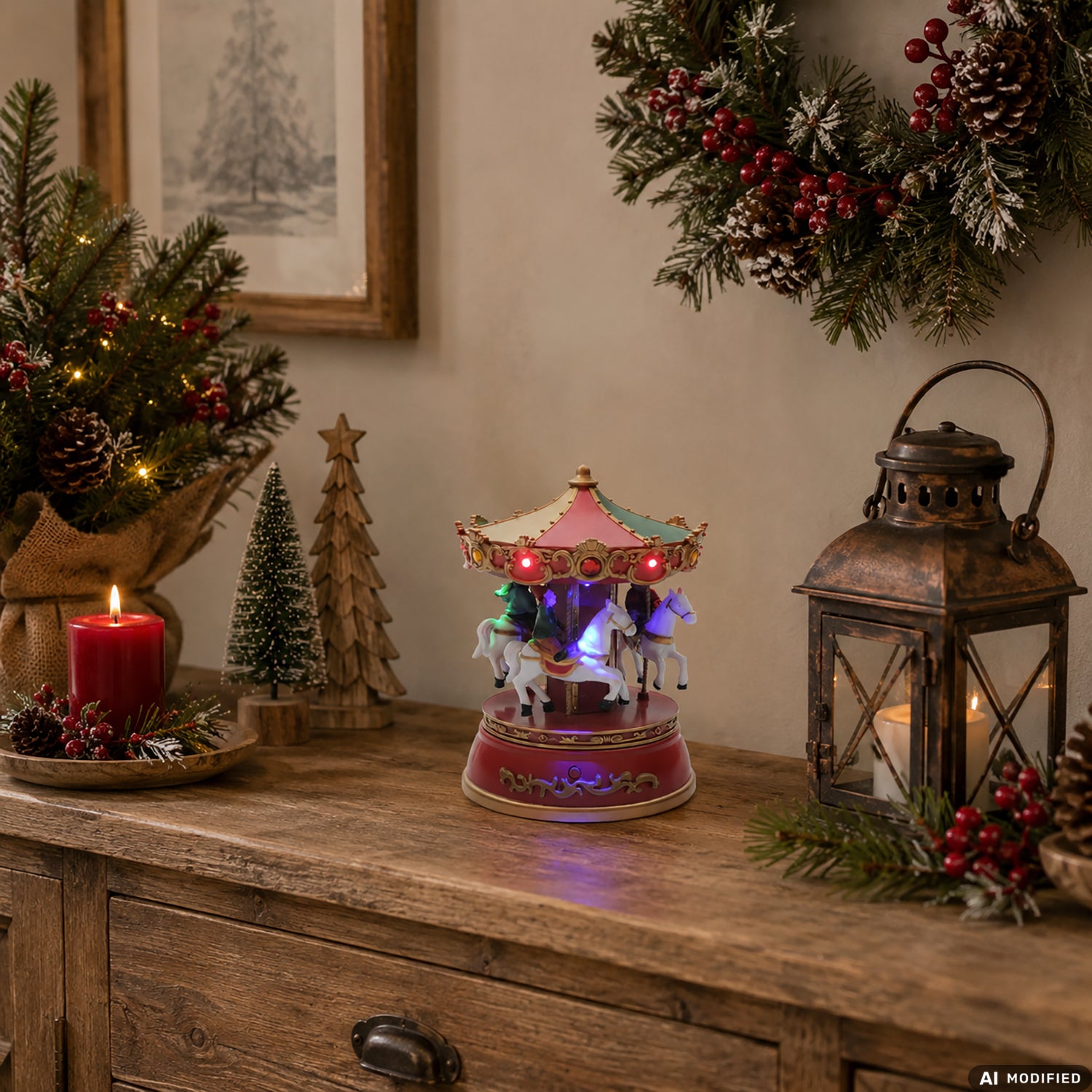 VESTIAMO CASA GRAN NATALE - Giostrina dei Cavalli Natalizia con Movimento, Musica e Luci LED Multicolor h18,5 cm