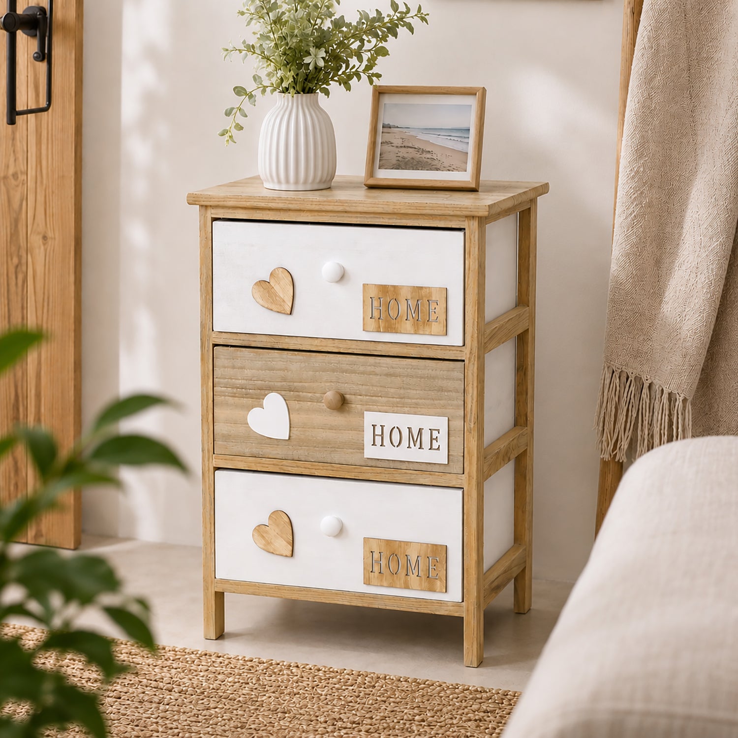 VESTIAMO CASA - Mobiletto multiuso 3 cassetti Legno Naturale e Bianco decorati Home Linea Woodhandy - h58x40x29 cm