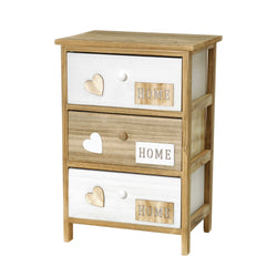 VESTIAMO CASA - Mobiletto multiuso 3 cassetti Legno Naturale e Bianco decorati Home Linea Woodhandy - h58x40x29 cm