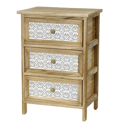 VESTIAMO CASA - Mobiletto multiuso 3 cassetti Legno Naturale e Bianco decorati Linea Woodhandy - h58x40x29 cm