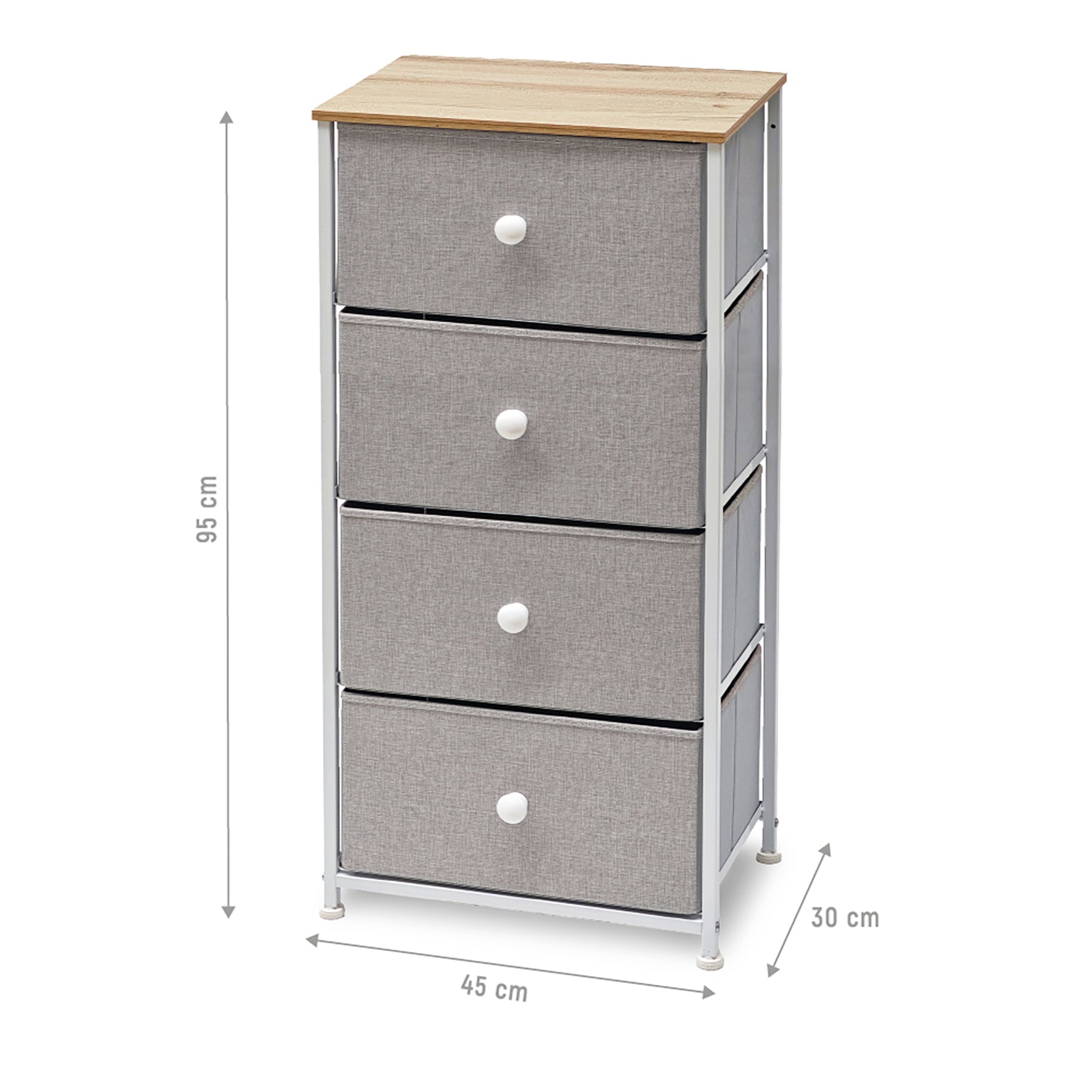 VESTIAMO CASA - Mobiletto Multiuso 4 cassetti Legno Naturale e TNT Grigio Linea Woodhandy - h95x45x30 cm