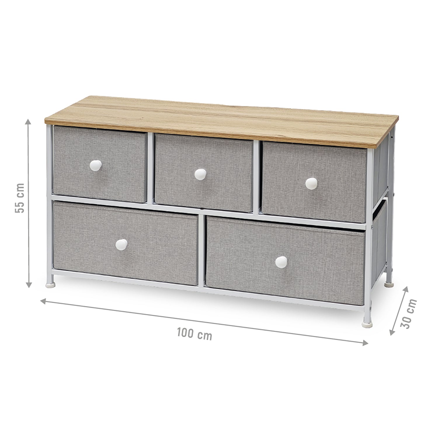 VESTIAMO CASA - Mobiletto Multiuso 5 cassetti Legno Naturale e TNT Grigio Linea Woodhandy - h55x100x30 cm