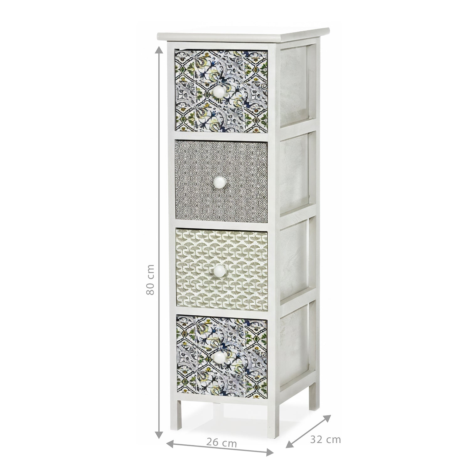 VESTIAMO CASA - Cassettiera Multiuso Linea Woodhandy 4 Cassetti Decorati - h80x26x32 cm