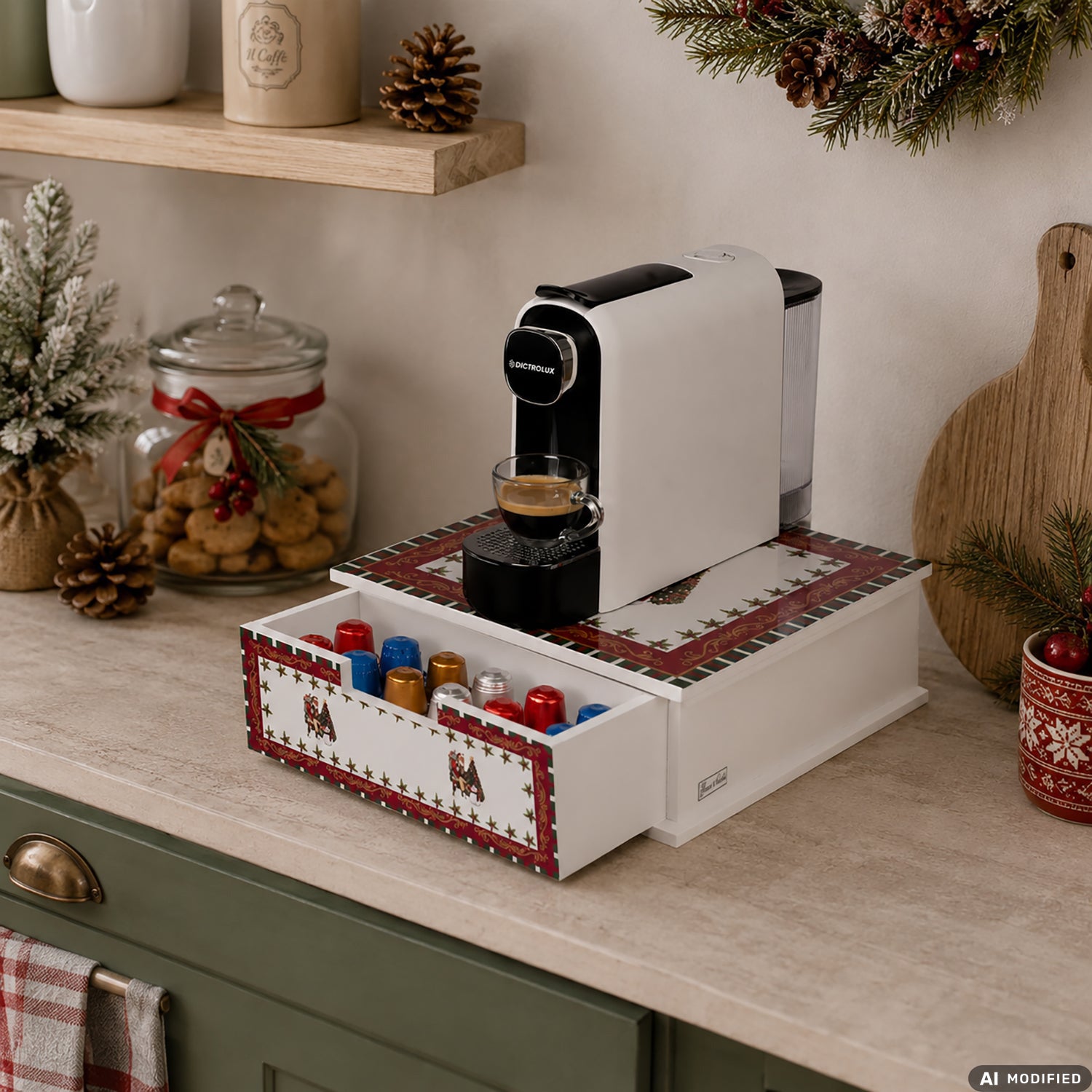 VESTIAMO CASA GRAN NATALE - Porta Capsule Natalizio in MDF 5 Scomparti Salvaspazio Multiuso - Compatibile con capsule Dolce Gusto, A Modo Mio e Nespresso