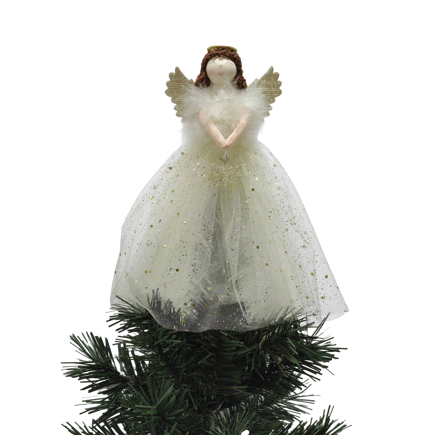 VESTIAMO CASA GRAN NATALE - Puntale Albero di Natale Angelo in Tessuto Bianco con Ali Dorate h30 cm