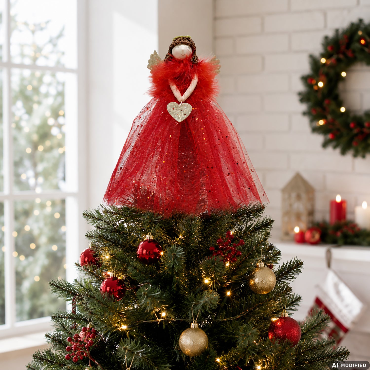 VESTIAMO CASA GRAN NATALE - Puntale Albero di Natale Angelo in Tessuto Rosso con Ali Dorate h30 cm