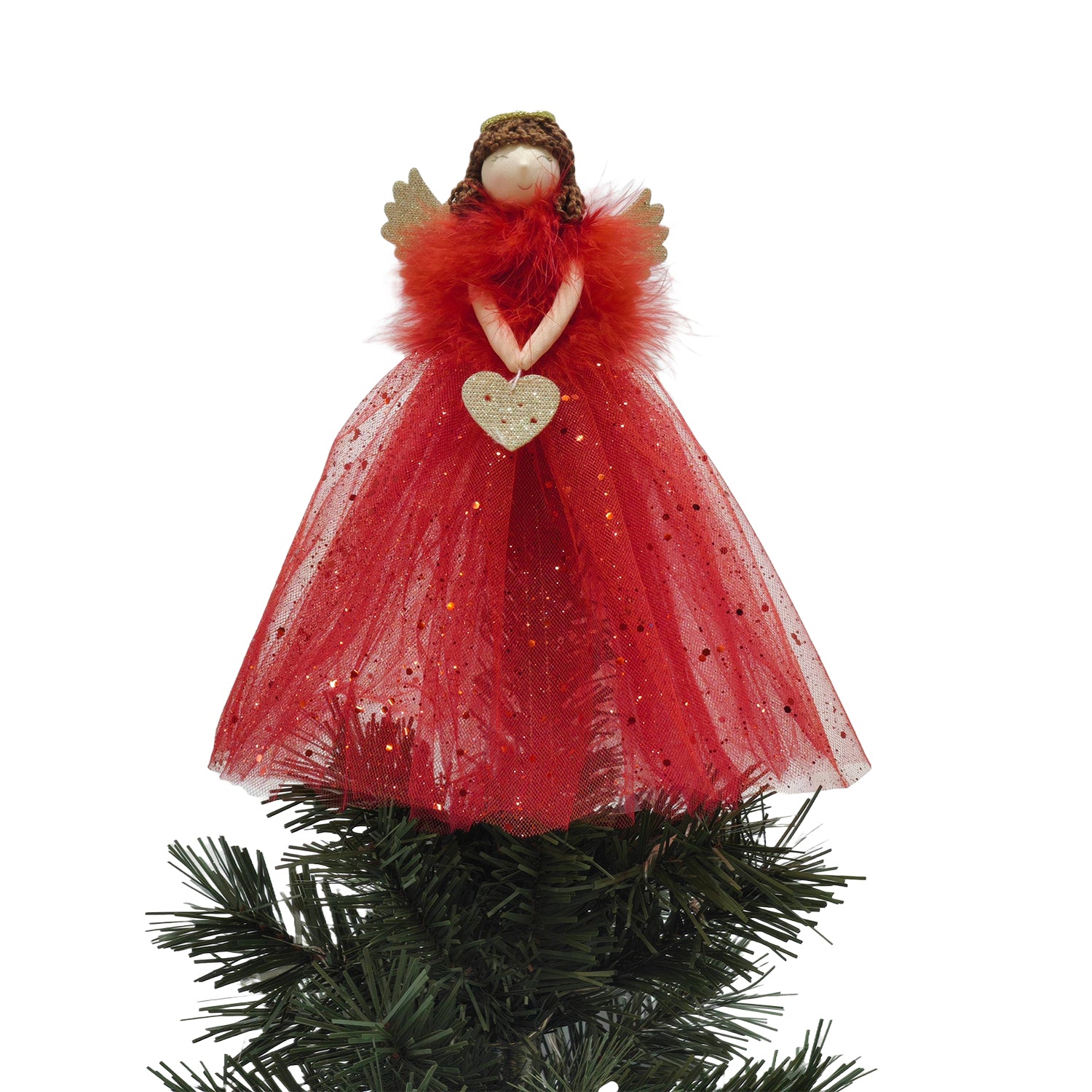 VESTIAMO CASA GRAN NATALE - Puntale Albero di Natale Angelo in Tessuto Rosso con Ali Dorate h30 cm