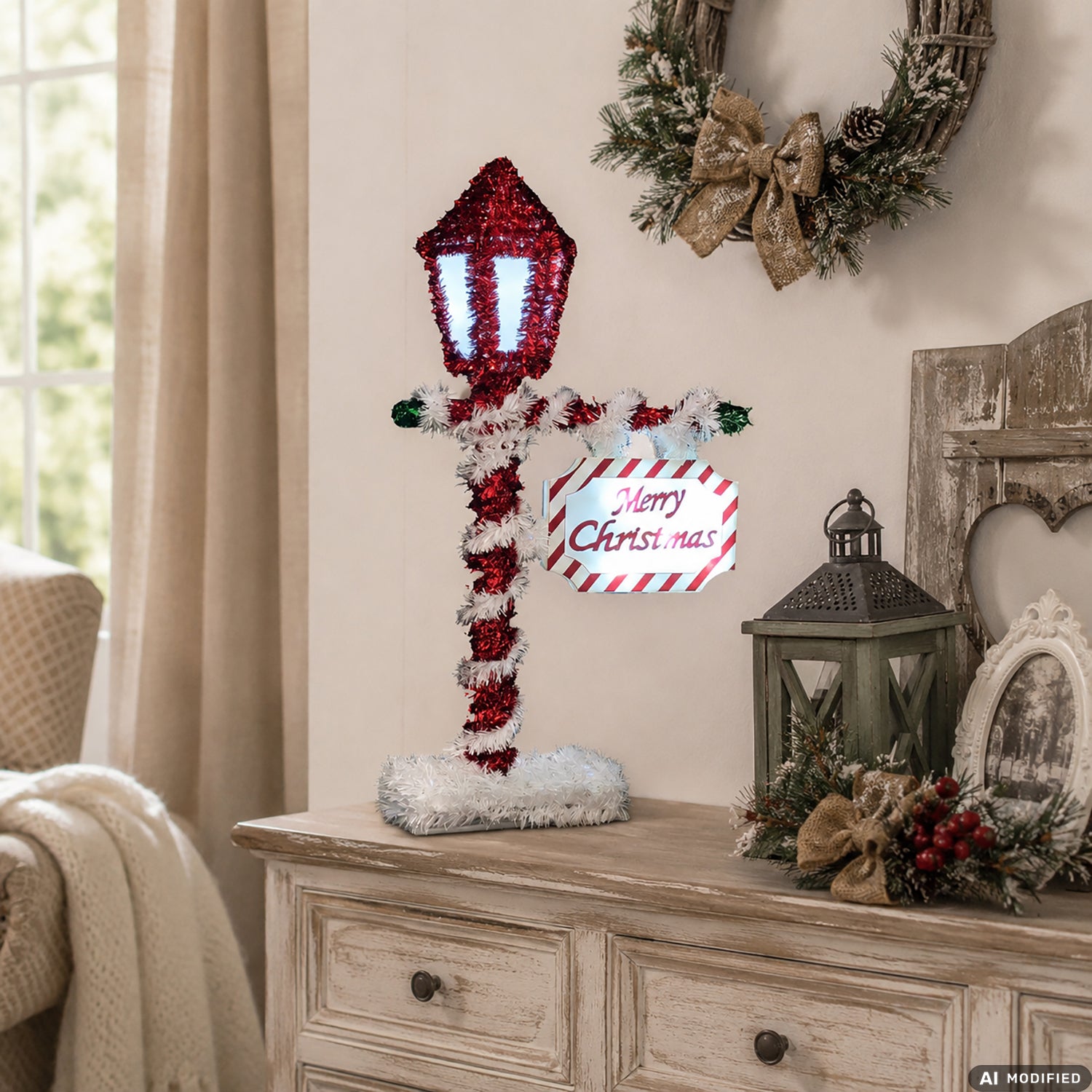 DICTROLUX - Lampione Natalizio Luminoso 7 LED Bianco Freddo con Insegna "Merry Christmas" a Batteria h43,5 cm