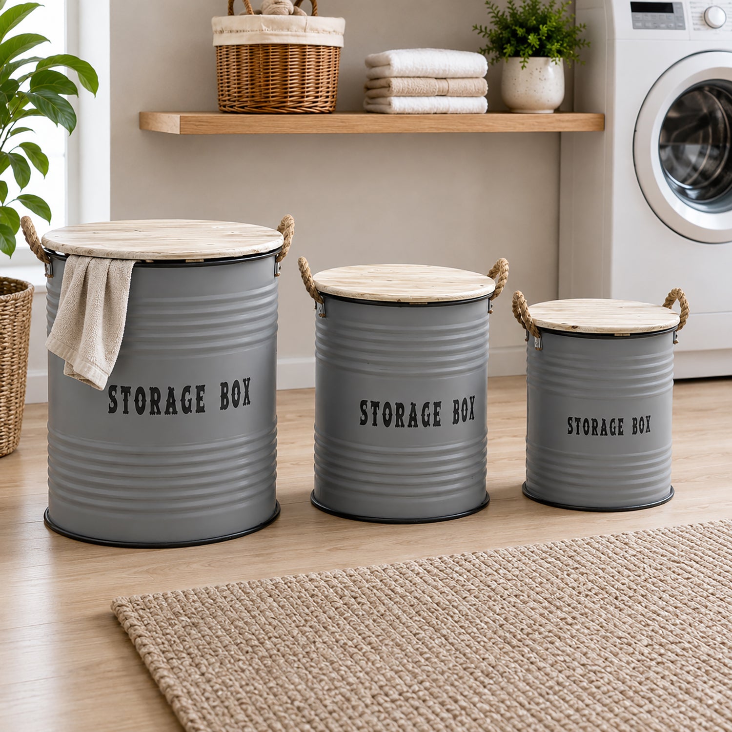 VESTIAMO CASA - Set 3 Ceste Portabiancheria con Manici Grigio