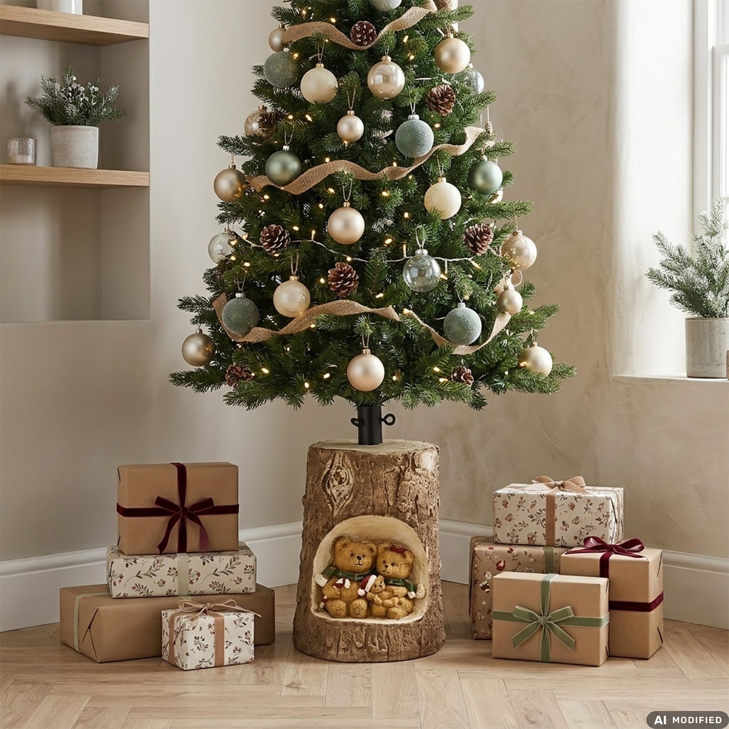 VESTIAMO CASA GRAN NATALE - Base Albero di Natale Tronco con Orsetti Decorativo h40 cm