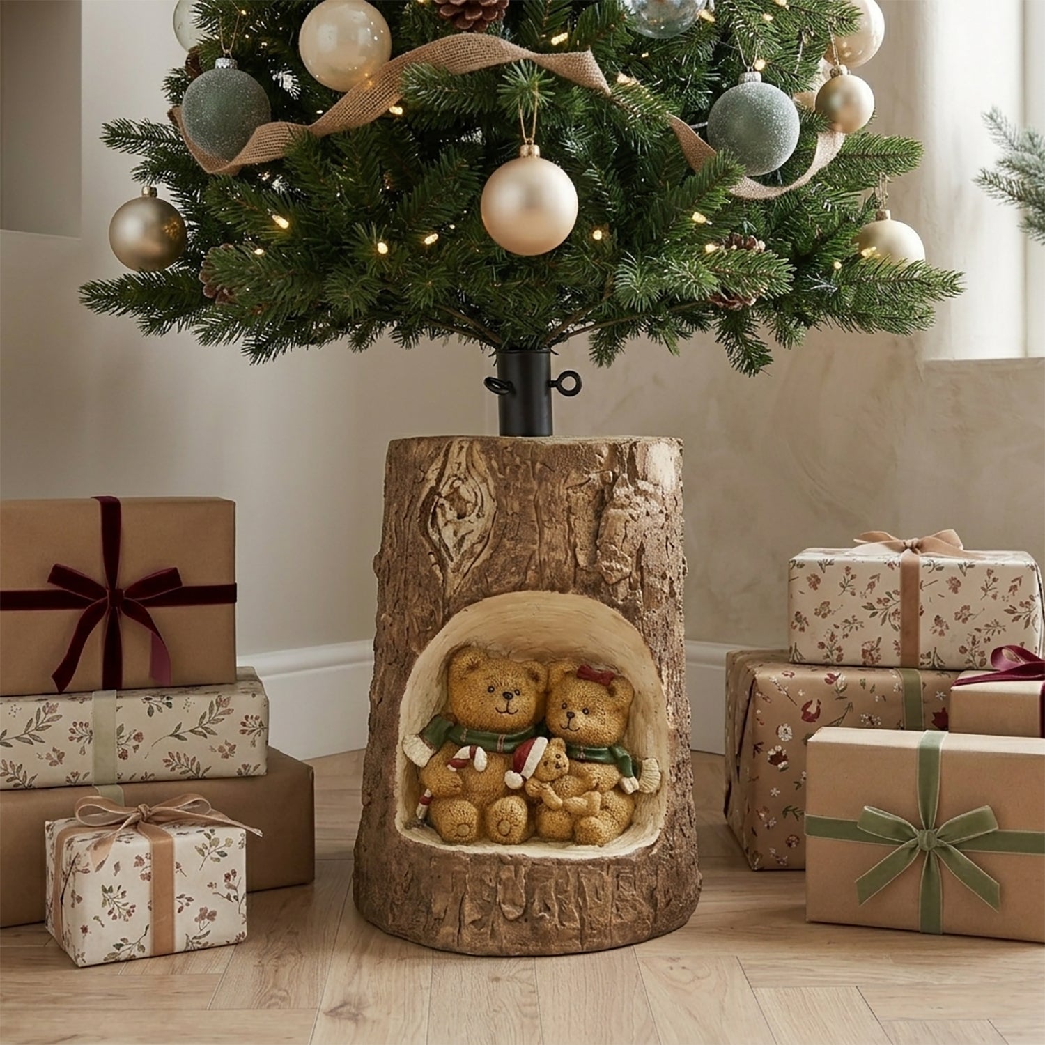VESTIAMO CASA GRAN NATALE - Base Albero di Natale Tronco con Orsetti Decorativo h40 cm