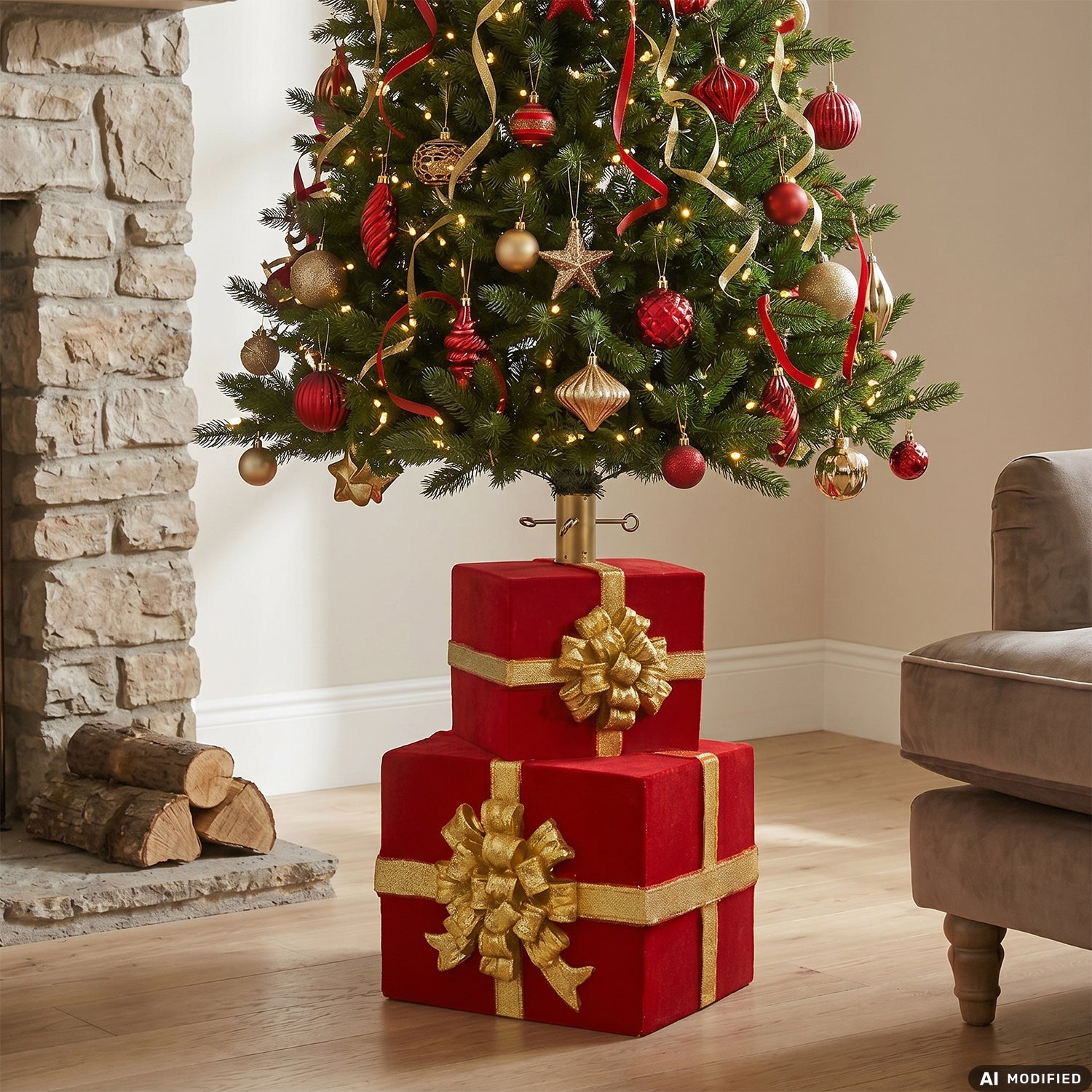 VESTIAMO CASA GRAN NATALE - Base Albero di Natale Decorativa Pacchi Regalo Rossa con Fiocco Oro h48 cm