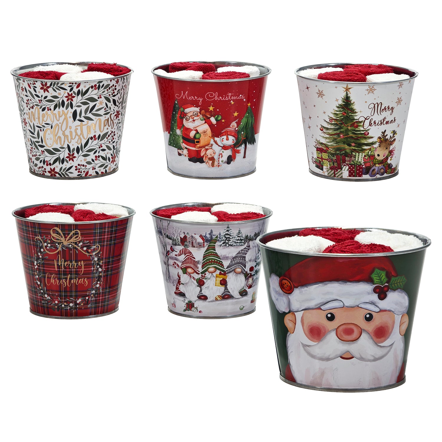 VESTIAMO CASA GRAN NATALE - Set 4 Lavette Natalizie con Cestino in Metallo Decorato