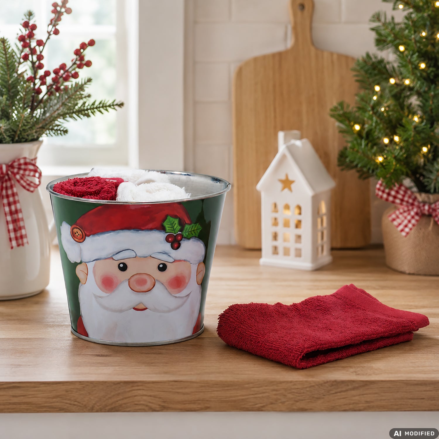 VESTIAMO CASA GRAN NATALE - Set 4 Lavette Natalizie con Cestino in Metallo Decorato